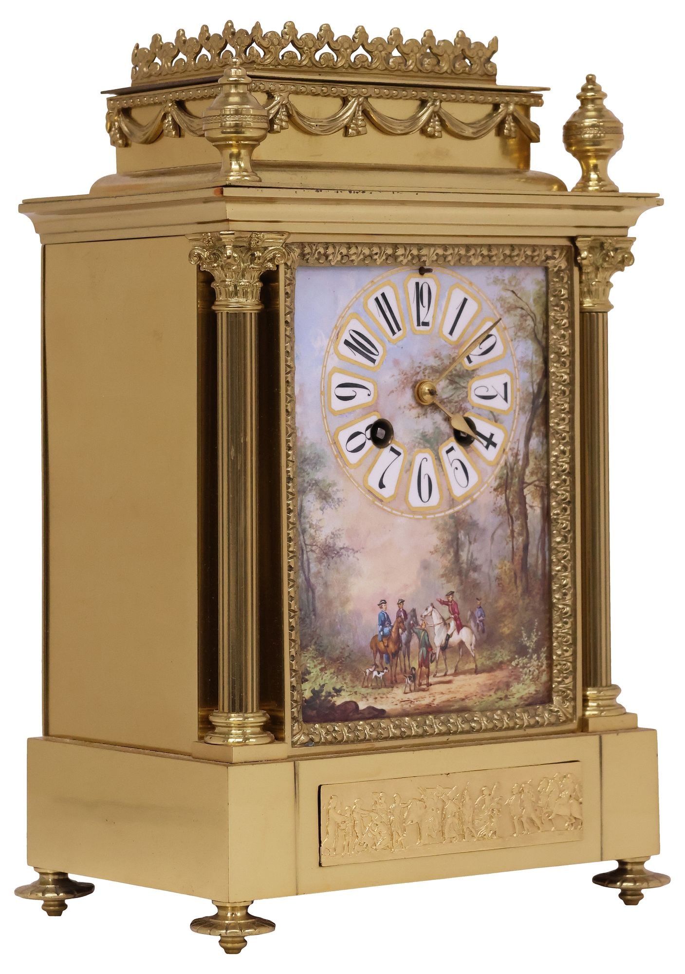 FRENCH NEOCLASSICAL STYLE GILT-BRASS & PAINTED PORCELAIN MANTEL CLOCK (1 of 8)
