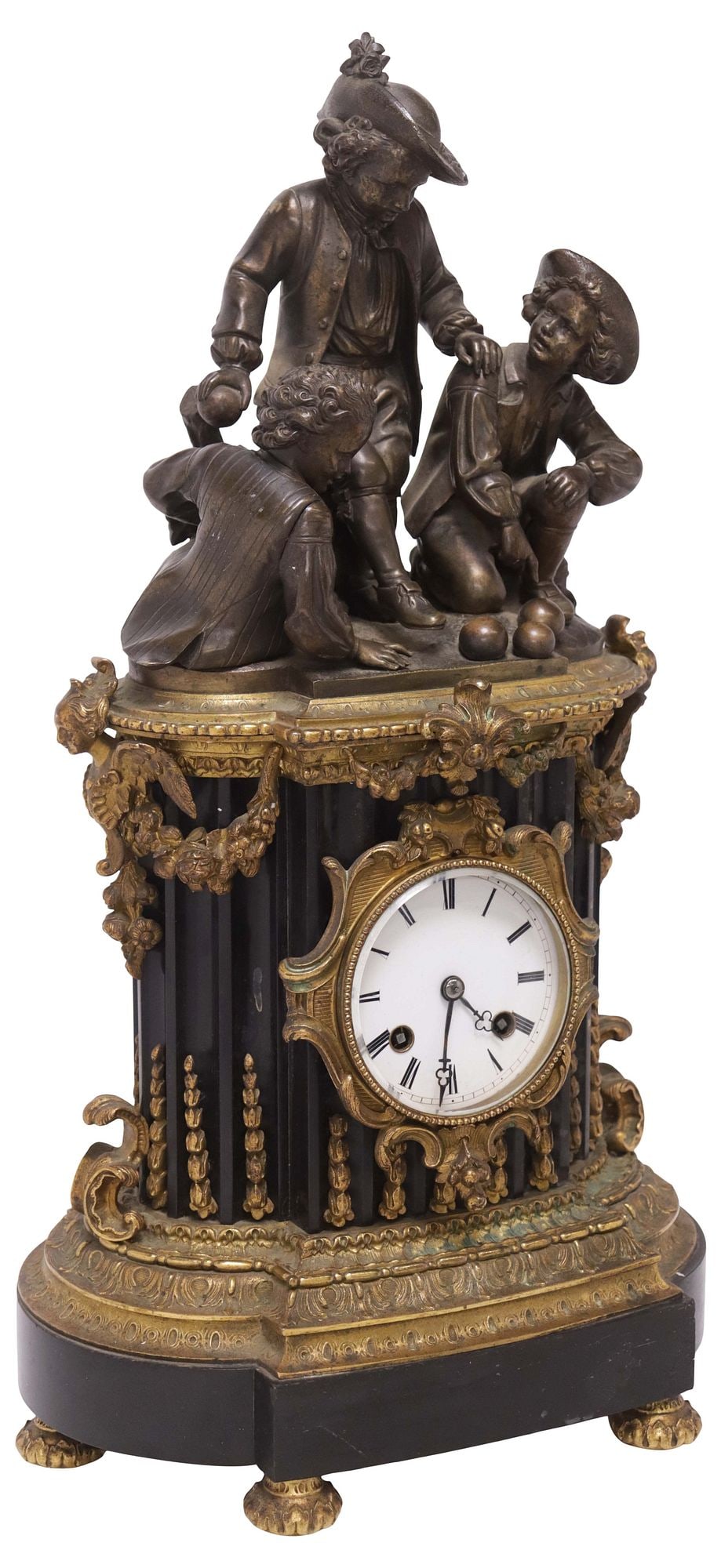 FRENCH LOUIS XVI STYLE FIGURAL BRONZE & SLATE MANTEL CLOCK: French Louis XVI style bronze and slate mantel clock, 19th c., surmounted by three sporting figures, the shaped case with draped foliate swag, centering white dial with Roman numeral hour markers, tim