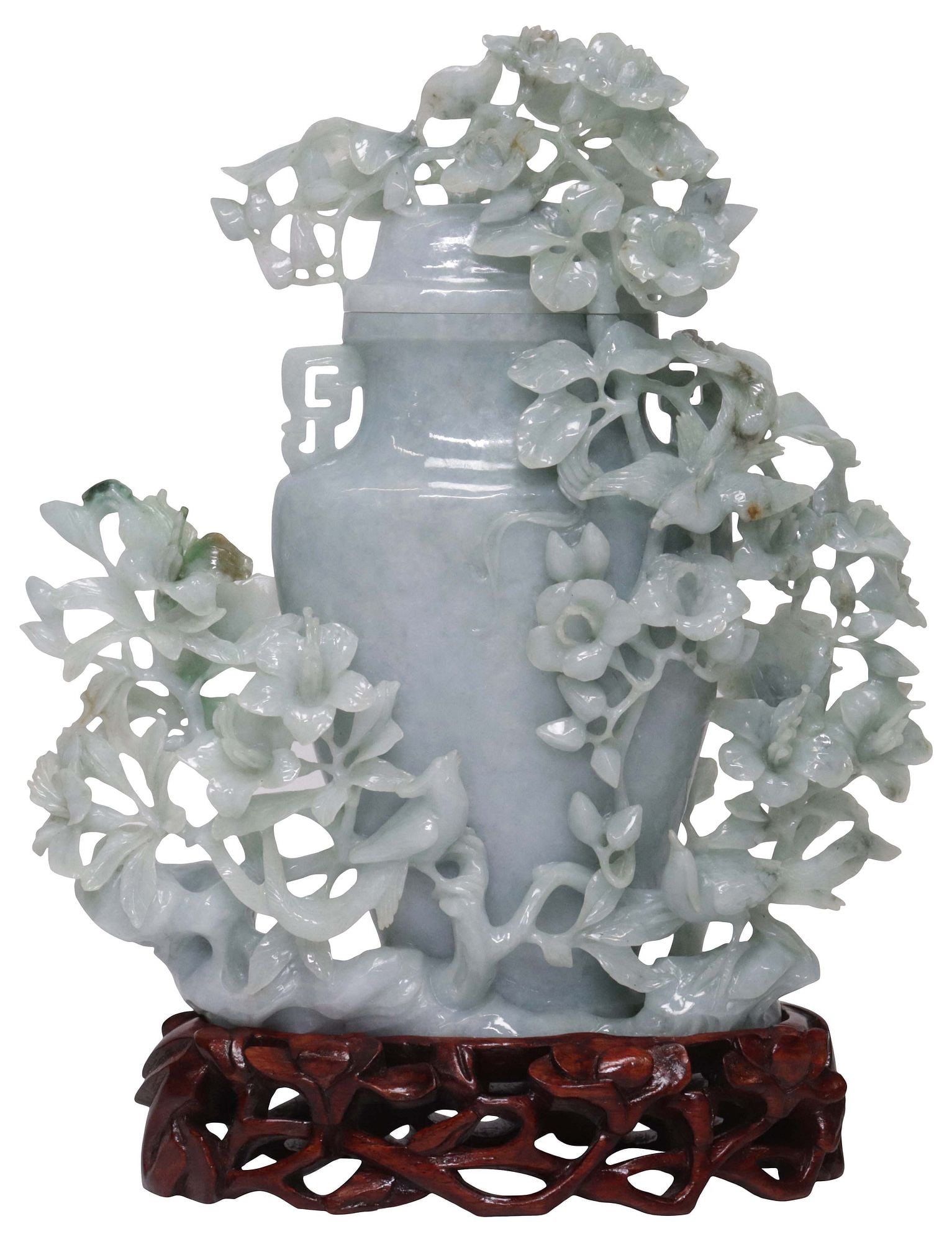 FINE CHINESE CARVED JADEITE OPENWORK FLORAL COVERED VASE ON STAND: Fine Chinese jadeite openwork covered urn, with carved birds, florals and foliate motifs, rising on wood base with incised mark 517, accompanied by fitted box, vase: approx 9.25"h, 8.25"w, 2.25"d, ove