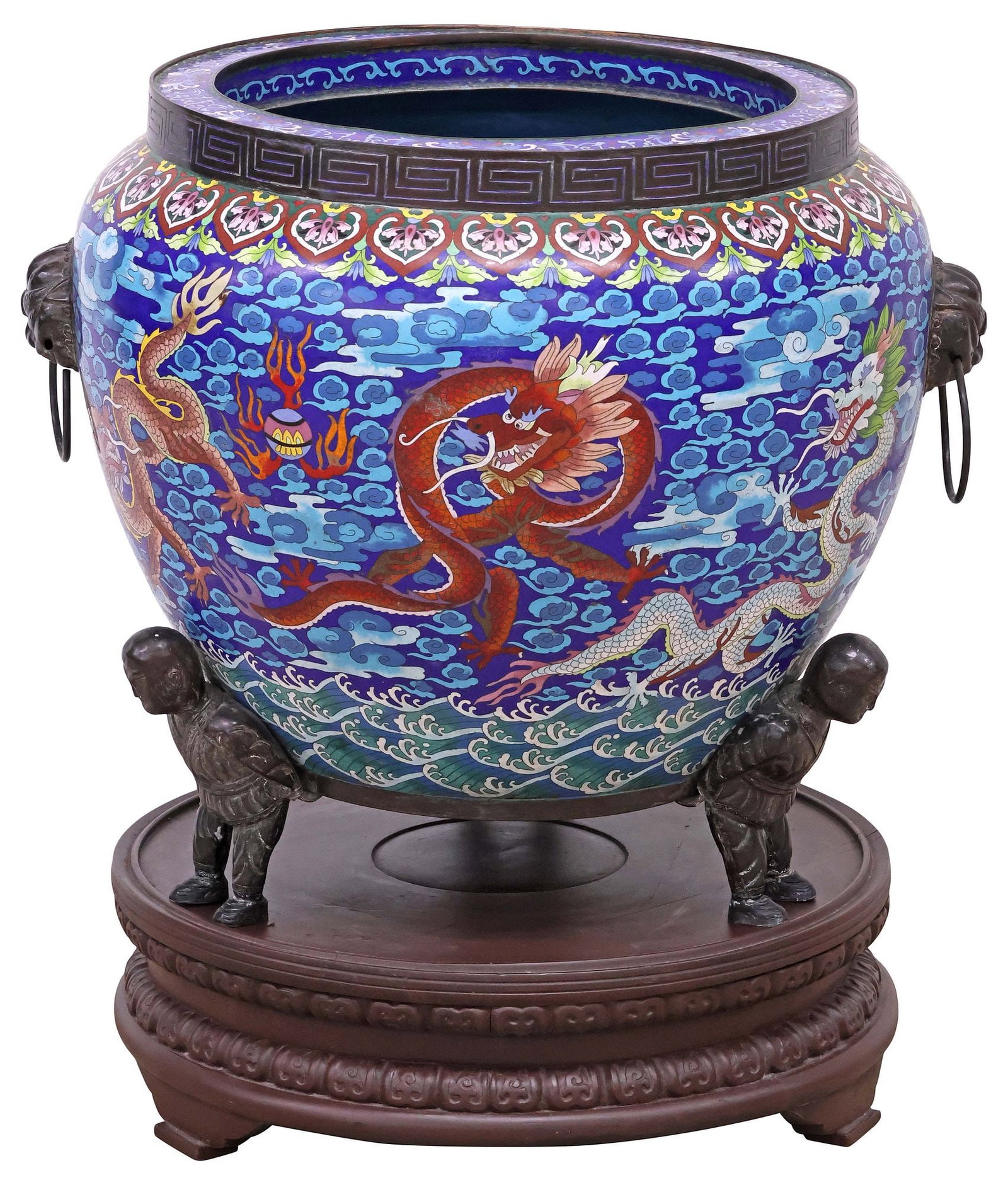 LARGE CHINESE CLOISONNE ENAMEL DRAGON JARDINIERE / PLANTER ON STAND (1 of 6)
