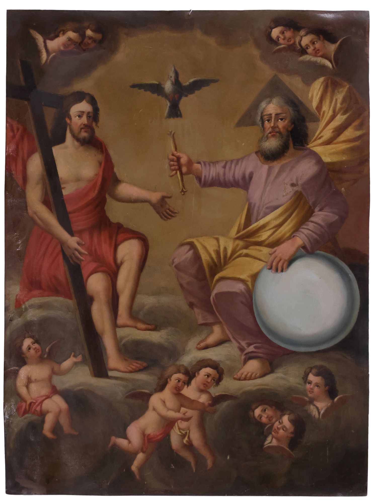 LARGE SPANISH SCHOOL OIL ON COPPER RETABLO, THE HOLY TRINITY, 24.25"H (1 of 2)