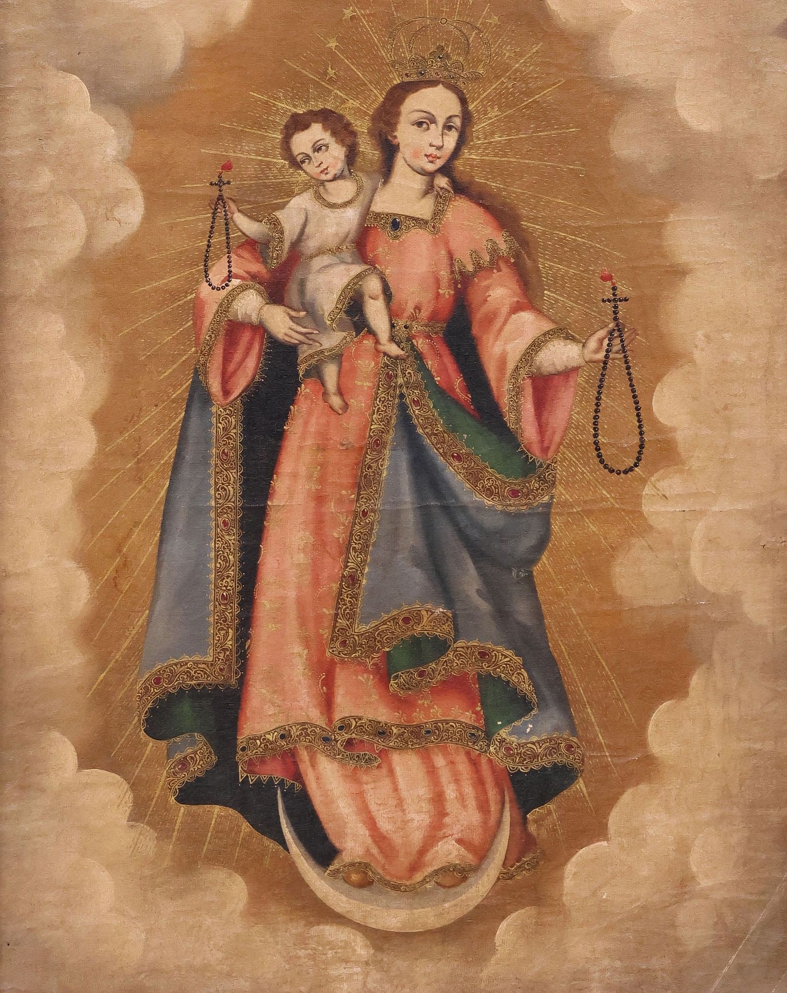 CUZCO SCHOOL STYLE PAINTING, VIRGIN MARY & INFANT JESUS OF THE ROSARY (1 of 3)
