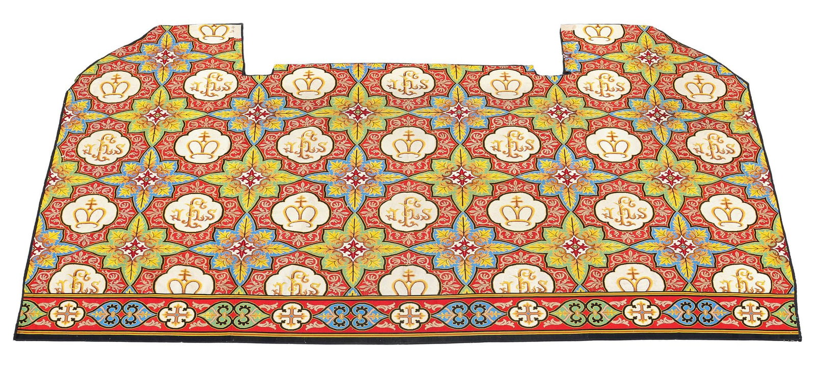 LARGE FRENCH NEEDLEPOINT LITURGICAL ALTAR RUG, 9' x 12'11": Large French needlepoint ecclesiastic altar rug or sanctuary carpet, early 20th c., red ground with foliated scrollwork and florals, alternating Christogram quatrefoils with Holy Crown motifs and IHS 