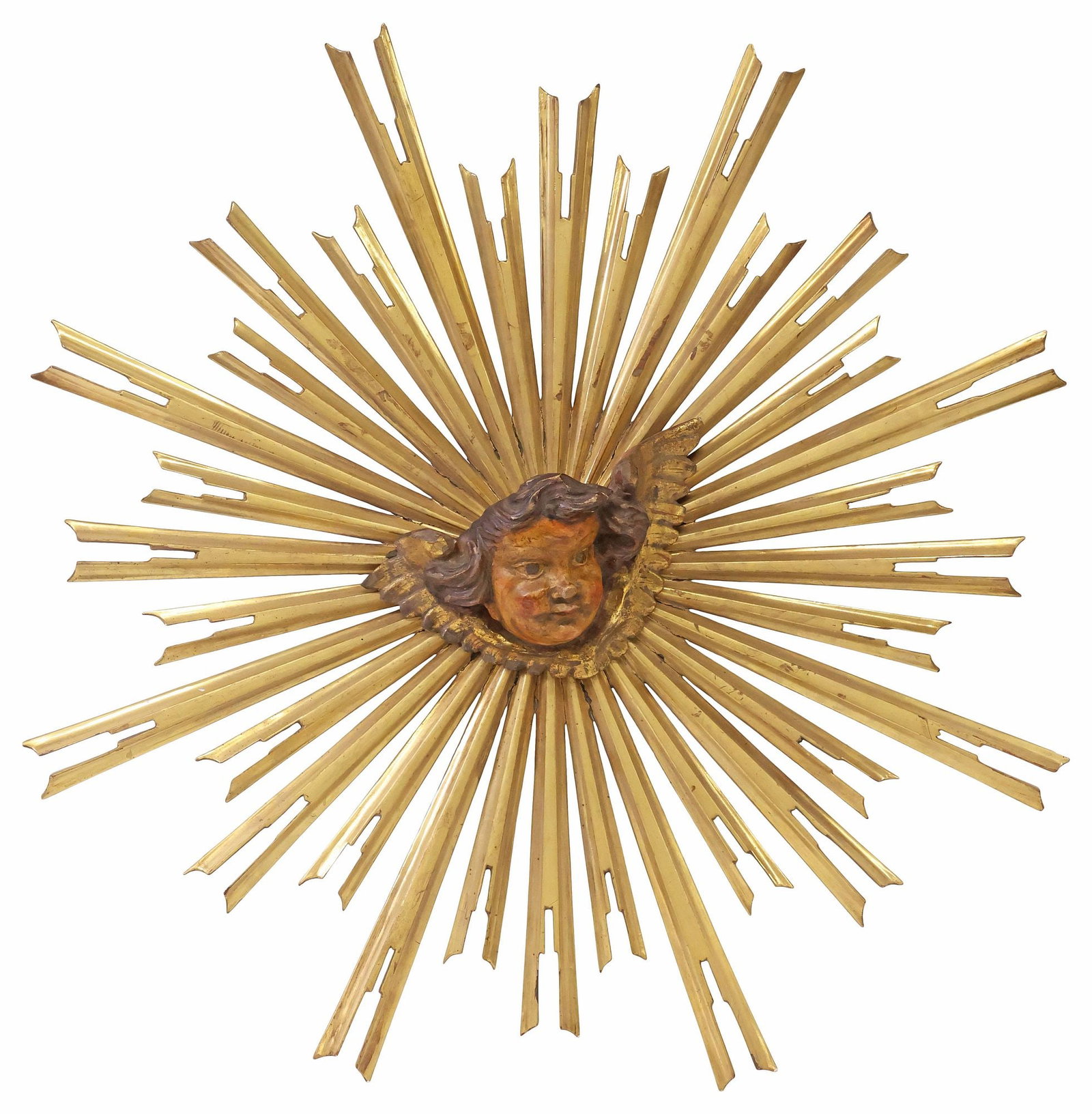 FINE CONTINENTAL RELIGIOUS GILTWOOD SUNBURST & CHERUB MASK WALL PLAQUE (1 of 3)