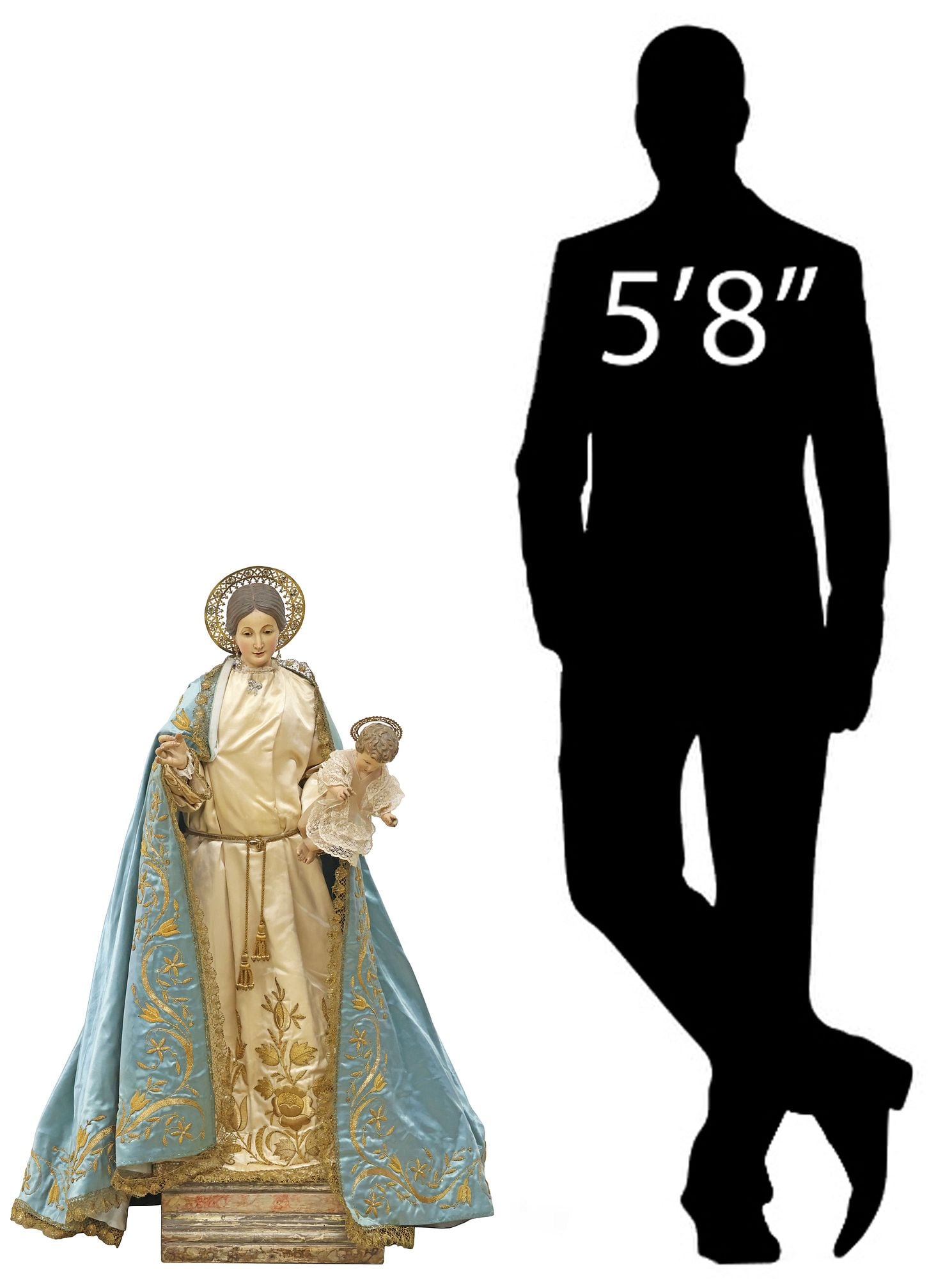FINE SPANISH SANTO FIGURE IN GOLDWORK ROBES, MADONNA & CHILD, 38.5"H (1 of 6)
