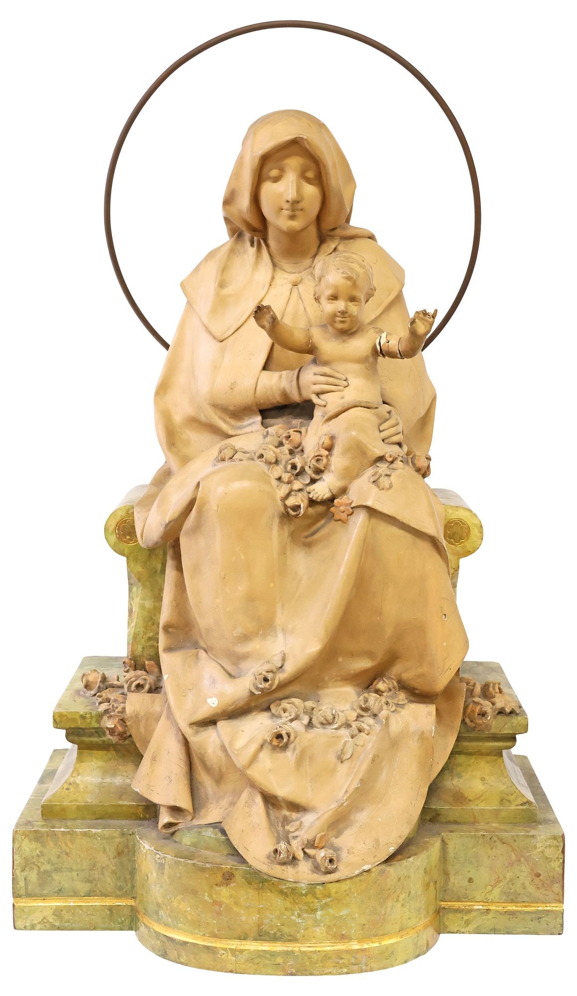 SPANISH CARVED SANTO ALTAR FIGURE ON MARBLEIZED BASE, MADONNA & CHILD: Religious santo/ altar figure, La Virgen y el Nino (Madonna and Christ Child), Spain, 19th c., gesso over carved wood with polychrome paint, depicting the Virgin Mary holding infant Jesus in lap, with