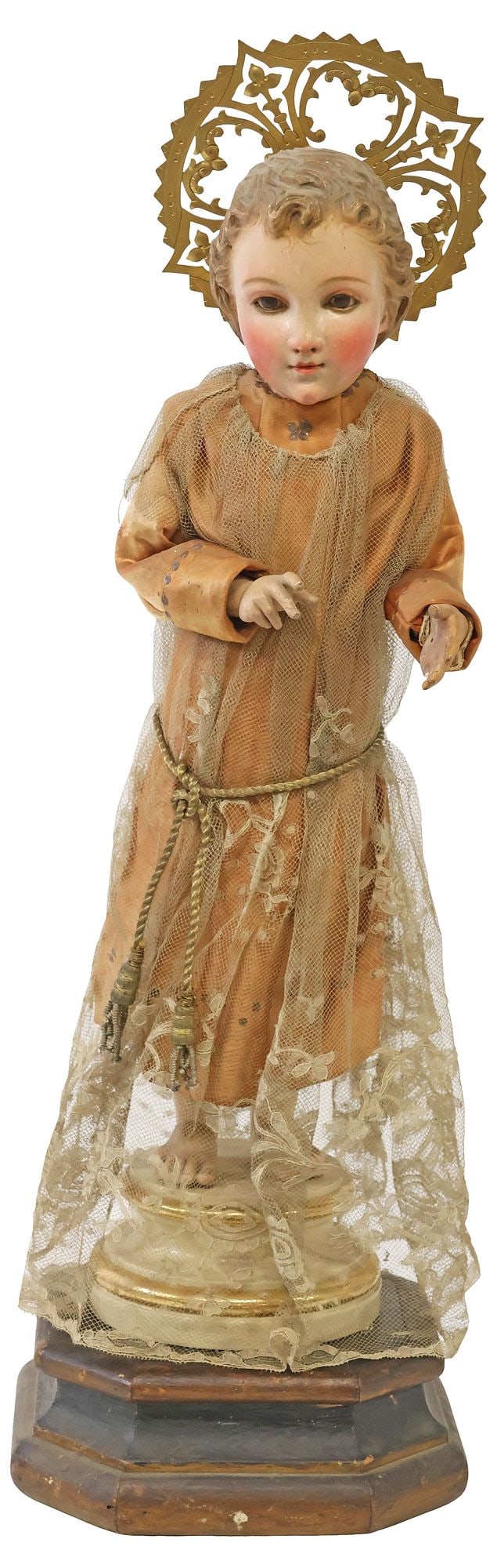 FINE SPANISH SANTO FIGURE IN SILK & LACE VESTMENTS ON BASE, CHRIST CHILD (1 of 4)