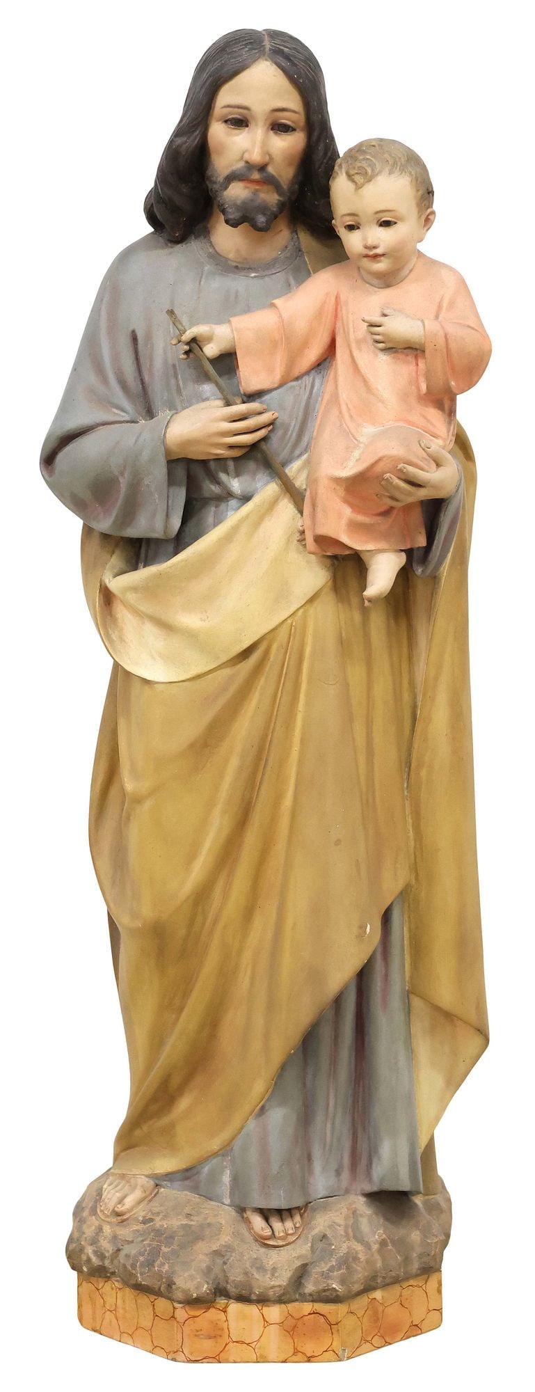 SPANISH PAINTED CAST SANTO ALTAR FIGURE, JOSEPH & CHRIST CHILD, 29.5"H: Spanish polychrome-painted cast composite santo/ altar figure, Joseph and Christ Child, after a model by Manuel Domingo Peris (19th c.) for Instituto Cristiano de Artes Decorativas (Christian Institut