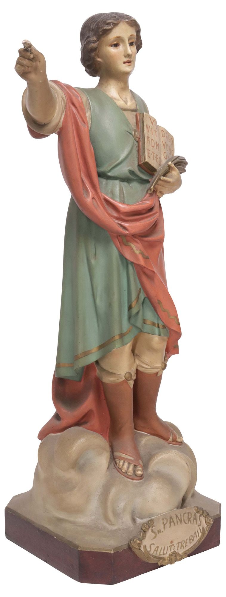 SPANISH POLYCHROME PLASTER SANTO FIGURE, SAINT PANCRAS OF ROME: Spanish polychrome-painted cast plaster santo figure, Saint Pancras, with inset glass eyes, holding an open book inscribed "Venite ad me et ego dabo vobis," standing atop cloud-form platform and integ
