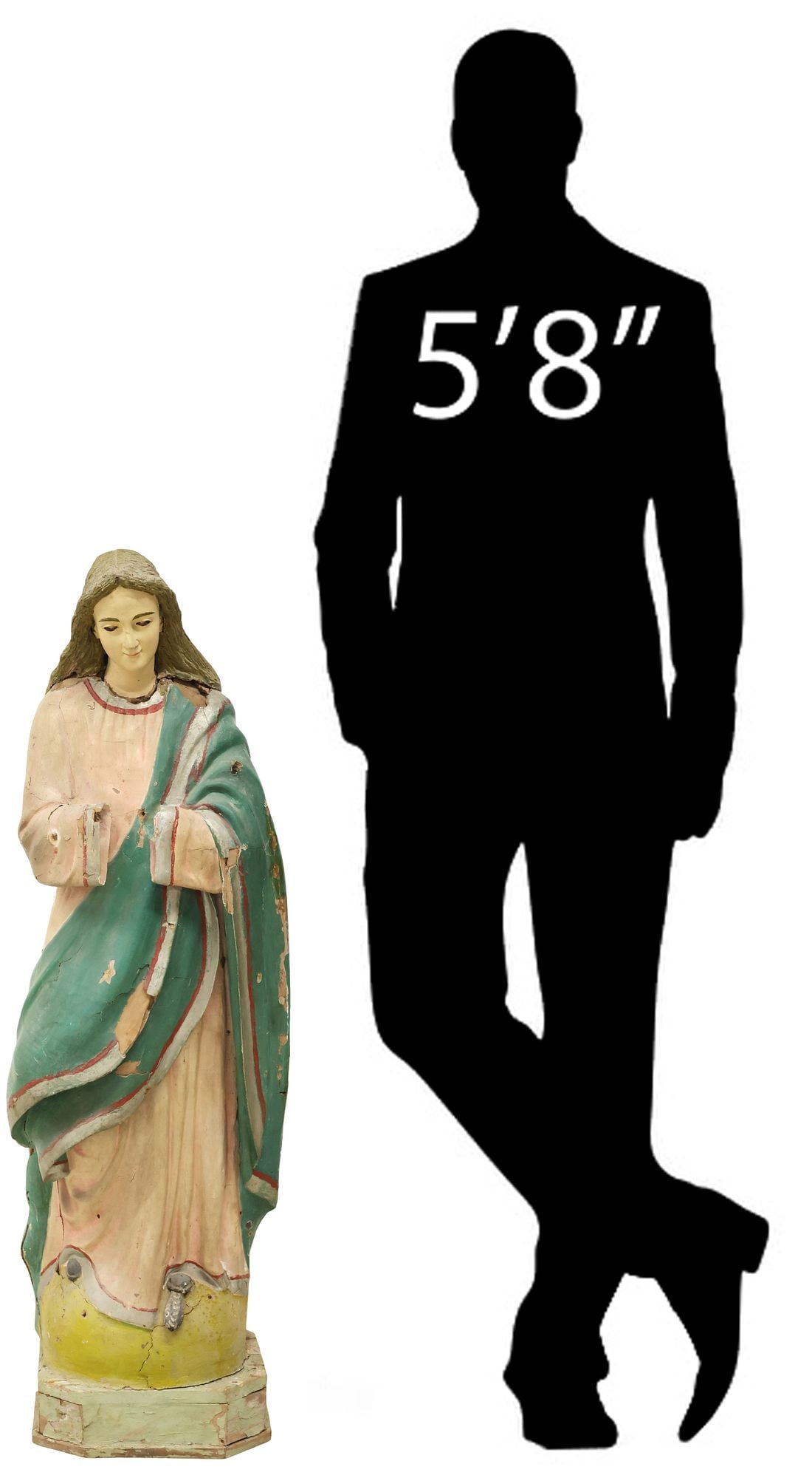 FRENCH COLONIAL CARVED SAINT FIGURE, MARY OF IMMACULATE CONCEPTION, 39"H: Large French Colonial religious saint figure, Our Lady of the Immaculate Conception, 19th c., carved wood with gesso and polychrome paint, depicting the Virgin Mary in a pink robe and green sash, stan