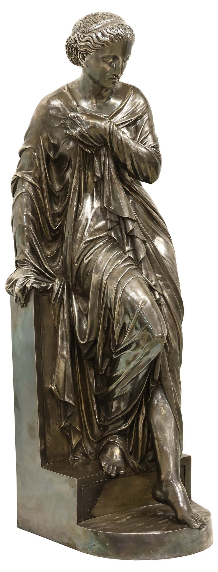 AFTER EUGENE-ANTOINE AIZELIN (D.1902) SILVERED BRONZE SCULPTURE, SUZANNA, 37"H: Large silvered bronze figure, Susanna, signed in cast after Eugene-Antoine Aizelin (French, 1821-1902), Gautier Editeur foundry mark, approx 37"h, 12.75"w, 10.5"d, 80lbs