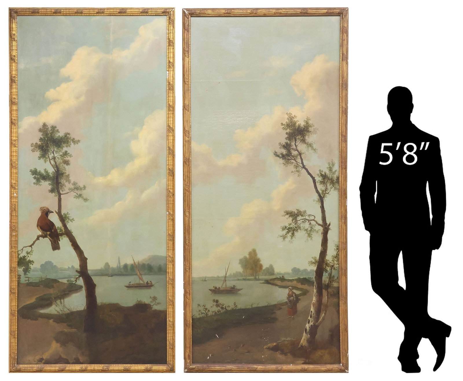 (2) MONUMENTAL CONTINENTAL SCHOOL (18TH C.) PAINTINGS, RIVER LANDSCAPES, 90.5" X 40": (lot of 2) Palatial framed Continental School oil on canvas paintings, Village River Landscapes with Sailboats, apparently unsigned, relined, vertical seams to canvas, each sight: approx 89"h, 37