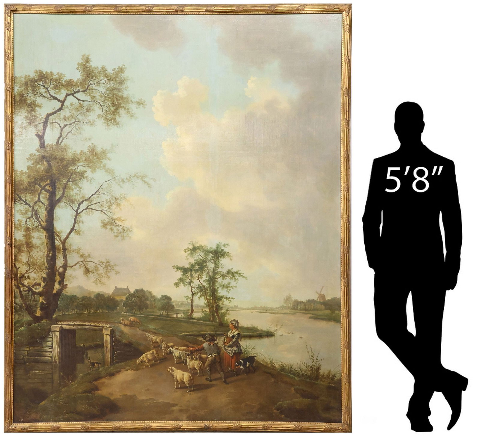 MONUMENTAL CONTINENTAL SCHOOL (18TH C.) PAINTING, SHEPHERDS LANDSCAPE, 90.5" X 72.5": Palatial framed Continental School oil on canvas painting, Village River Landscape with Sheep and Shepherds, apparently unsigned, relined, vertical seams to canvas, sight: approx 89"h, 71"w,