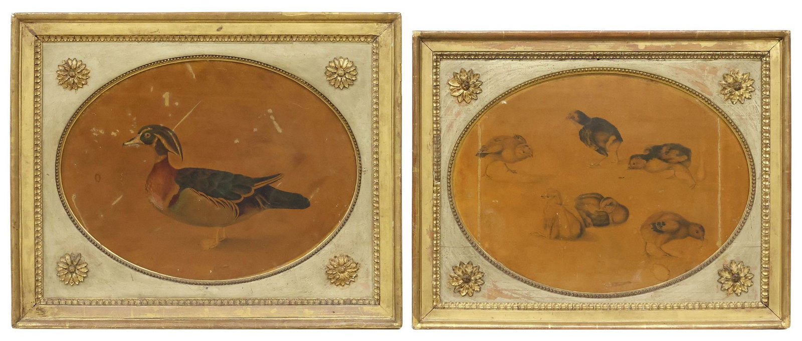 (2) LADY MARY HOWE (ENGLISH, 18TH C.) FARM ANIMAL PAINTINGS, CHICKENS & DUCK: (lot of 2) Framed oil on canvas paintings, each signed verso Lady Mary Howe (English, 18th c.), titled and dated 1787, faint Italian supplier's stamps verso, both with scattered spotting and inpaintin