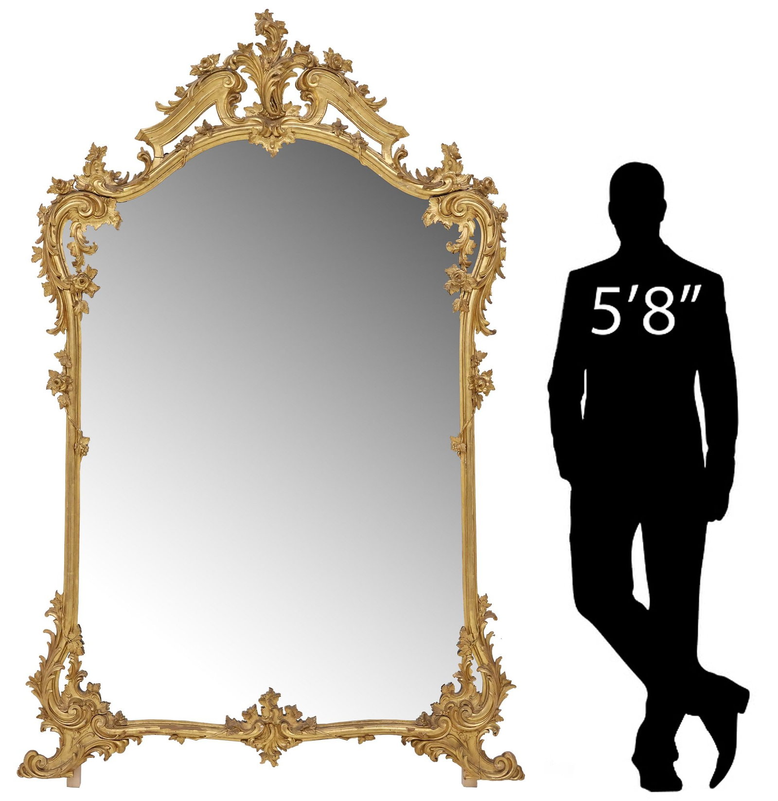 LARGE ITALIAN LOUIS XV STYLE GILTWOOD MIRROR, 88" X 56.5": Large Italian Louis XV style giltwood mirror, 19th c., split pediment crest, and shaped frame with foliated scrollwork and rose motifs, encasing flat mirror plate, on scrolled supports, approx 88"h, 5