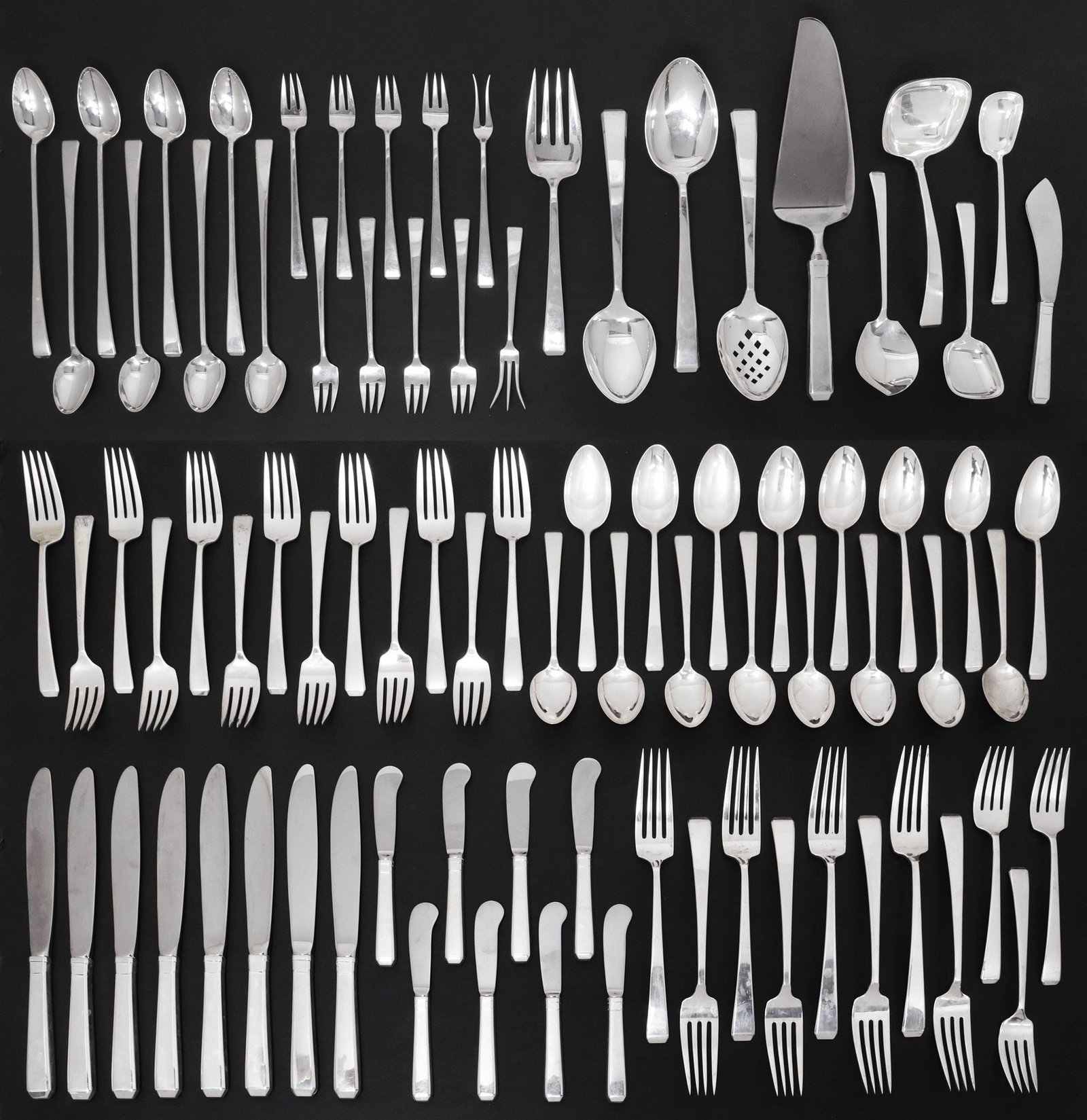 (84) TOWLE 'CRAFTSMAN' STERLING SILVER FLATWARE SERVICE, 77.46OZT: (lot of 84) American sterling silver flatware service, Towle, in the "Craftsman" pattern, no observed monograms, including: (8) hollow handle knives, 9.25"l; (8) forks, 8 1/8"l; (16) salad forks, 6.5"