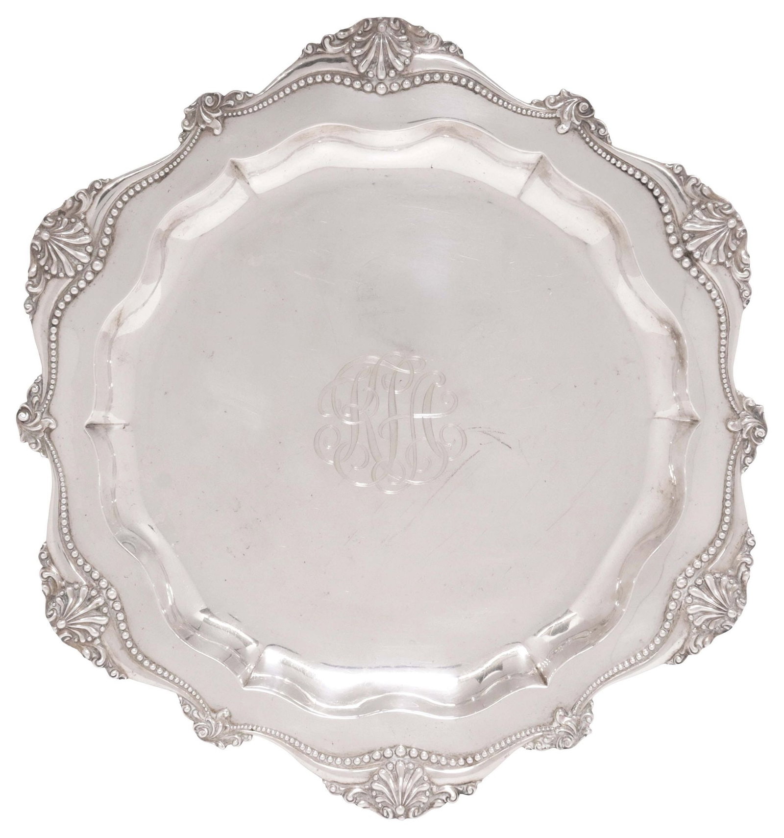 AMERICAN BAILEY BANKS & BIDDLE STERLING SILVER SERVING TRAY, 41.31OZT: American sterling silver serving tray, Bailey Banks and Biddle Company, scalloped border with rocaille scrollwork and beaded trim, centering triple monogram KJA, hallmarked sterling 925 with maker's m