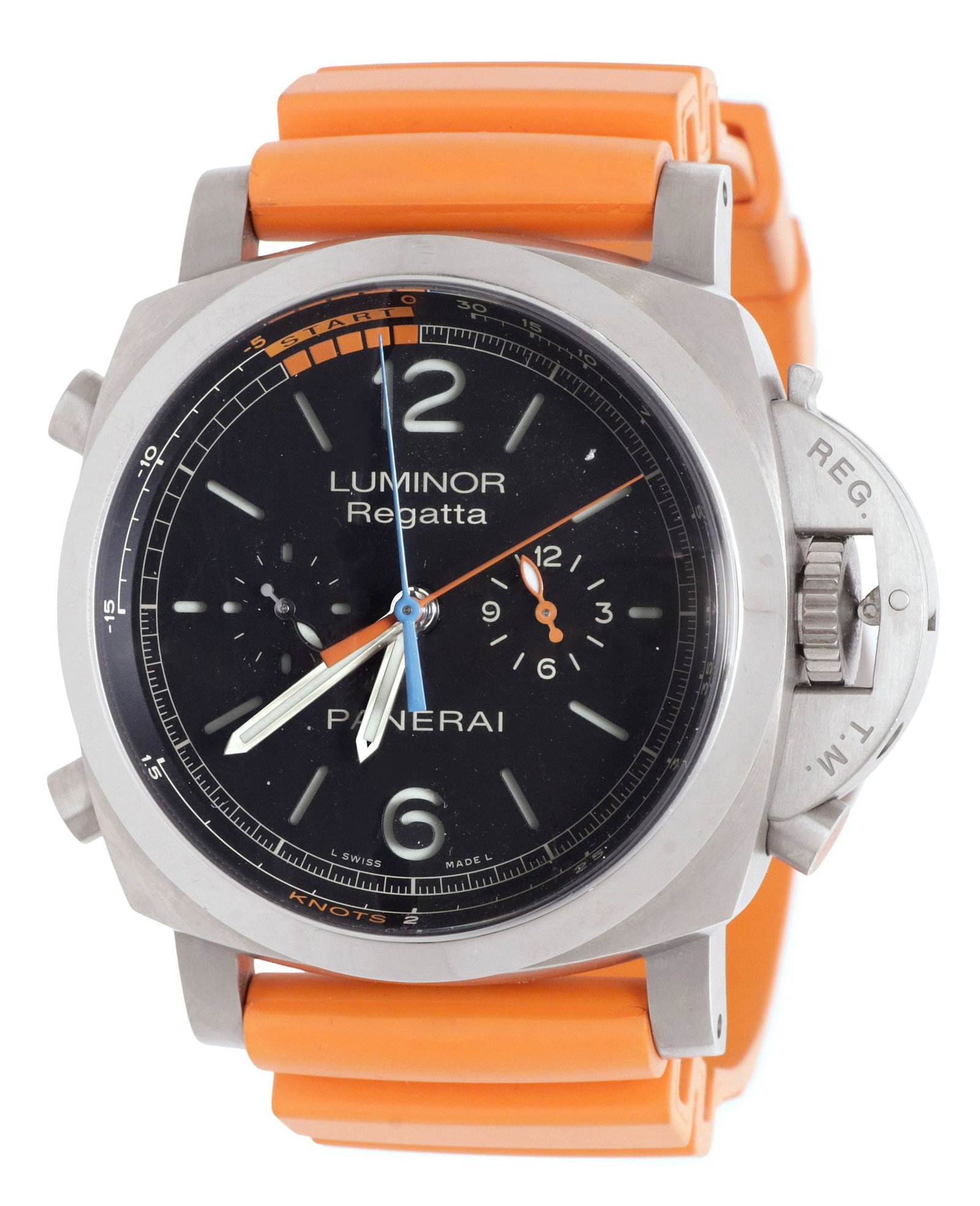 PANERAI LUMINOR REGATTA CHRONOGRAPH WATCH, ORIGINAL PACKAGING: Gent's Estate Panerai Luminor 1950 Regatta Wrist Watch, Swiss, Model PAM00526, auto wind, titanium 47mm case, black dial with luminous hour markers, red chronograph seconds hand, blue Regatta count do