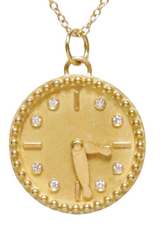 ESTATE L. KLEIN 18KT YELLOW GOLD & DIAMOND CLOCK PENDANT NECKLACE: Estate designer 18kt yellow gold "In My Time" pendant necklace, Laurens Klein Jewelry, clock-form pendant with adjustable hour and minute hands, set with eight small round diamonds, on cable chain, wi