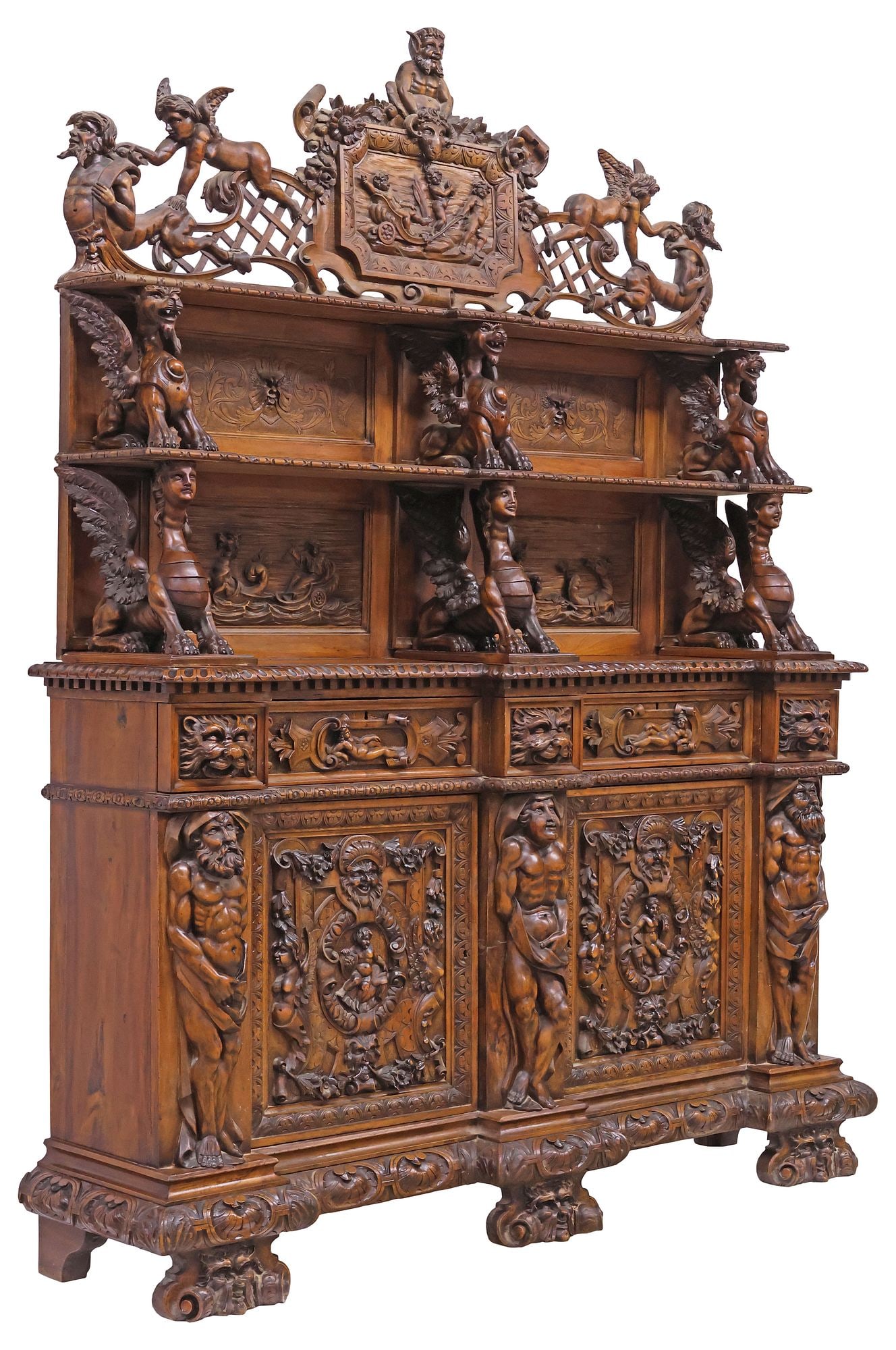 EXCEPTIONAL SPANISH RENAISSANCE REVIVAL HIGHLY-CARVED WALNUT BUFFET, 100"H (1 of 13)