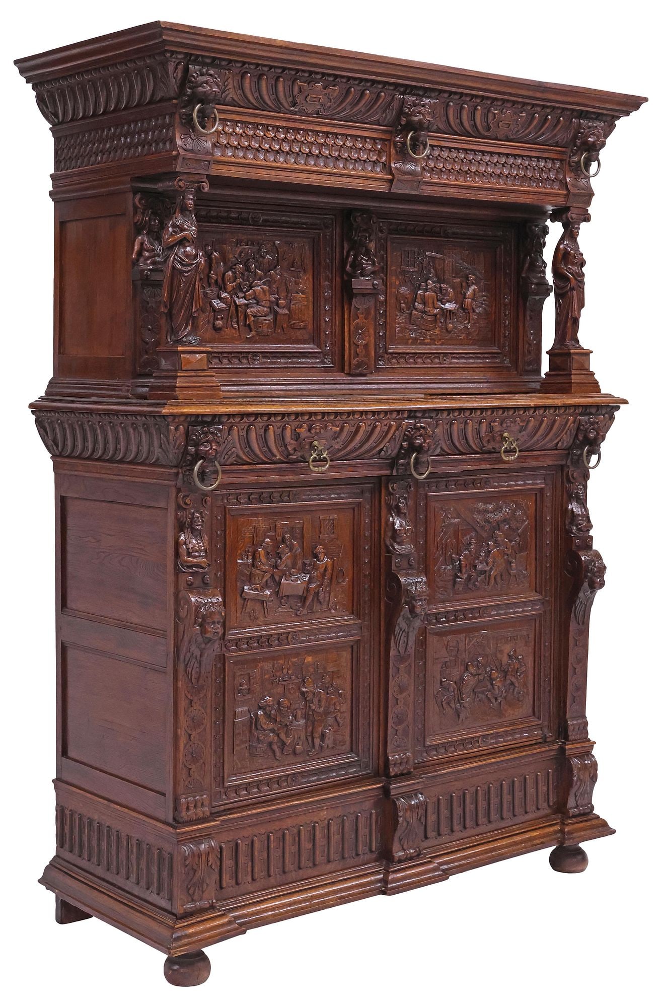FLEMISH HIGHLY-CARVED OAK TAVERN SCENE COURT CUPBOARD / CABINET (1 of 9)