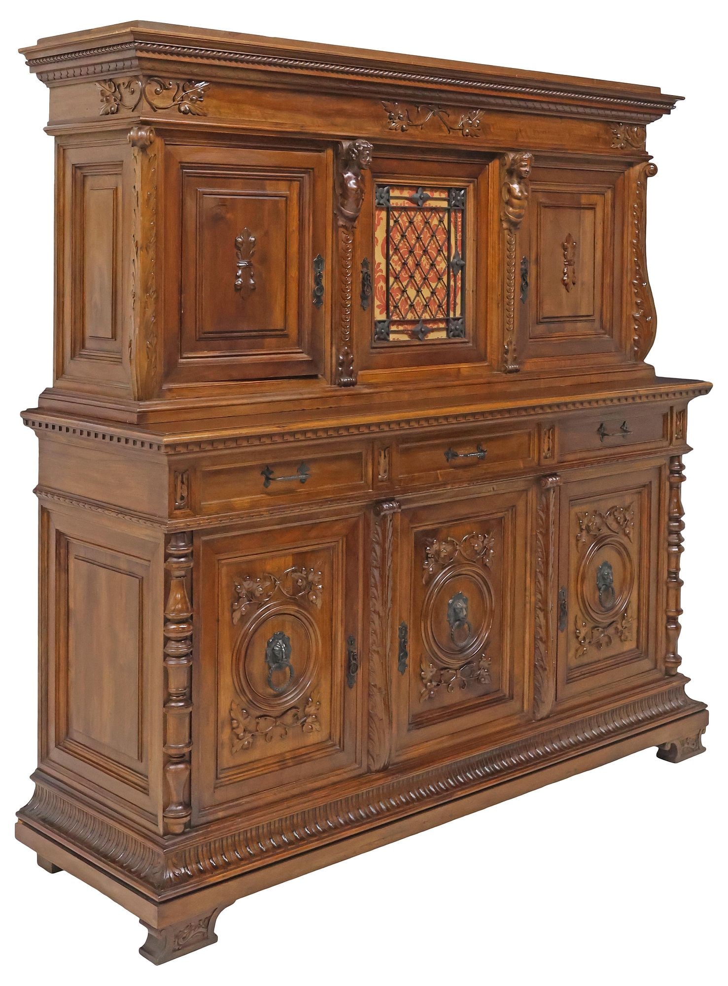 ITALIAN RENAISSANCE REVIVAL CARVED WALNUT & WROUGHT IRON SIDEBOARD (1 of 7)