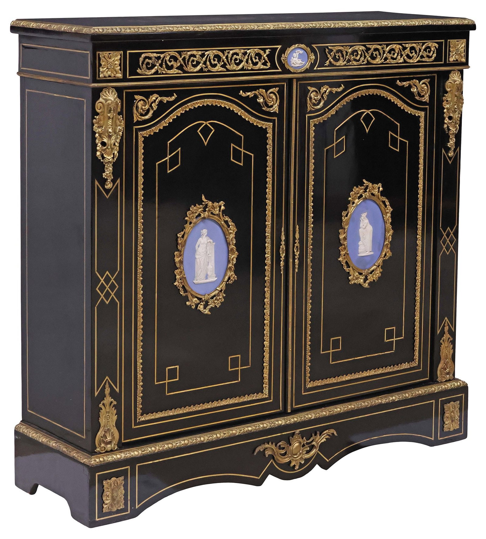 FINE FRENCH NAPOLEON III ORMOLU-MOUNTED BLACK LACQUERED CABINET: French Napoleon III black lacquered cabinet, 19th c., having bronze dore mounts and inset figural jasperware plaques, with cut-brass inlaid trim, fitted with dual cabinet doors, enclosing fixed-height