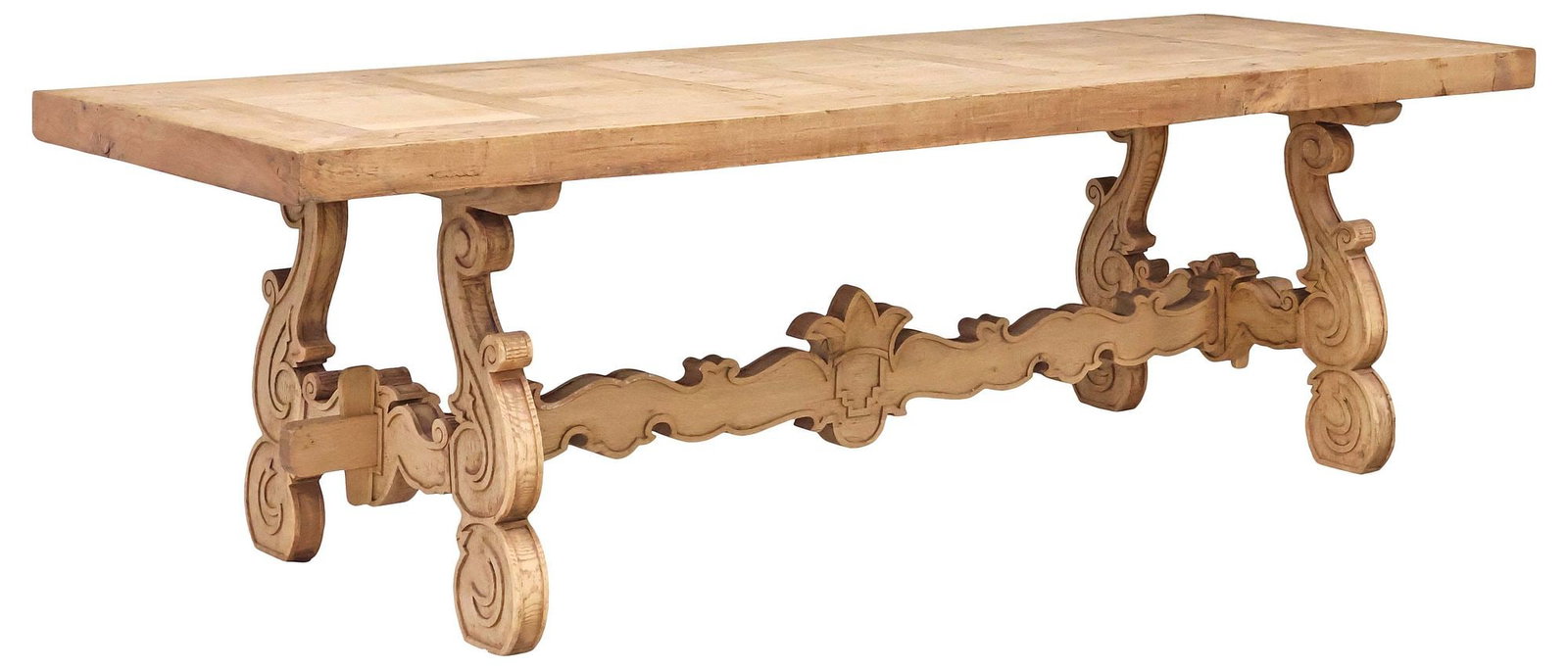 BAROQUE STYLE CARVED & STRIPPED OAK TRESTLE DINING TABLE, 103"L (1 of 4)
