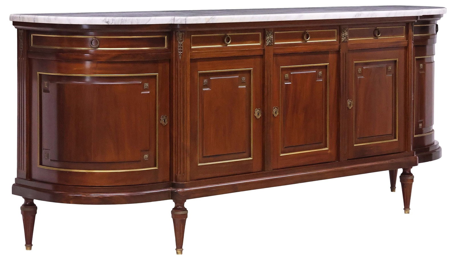 FRENCH LOUIS XVI STYLE MARBLE-TOP MAHOGANY SIDEBOARD: French Louis XVI style mahogany sideboard, 20th c., shaped marble top, above conforming breakfront case with gilt-metal banded trim, fitted with five drawers, and five cabinet doors, frontal doors enc