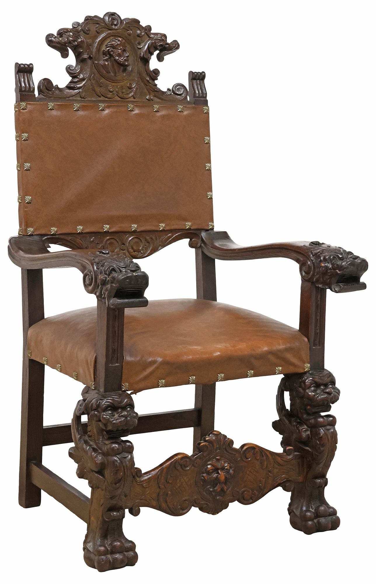 SPANISH RENAISSANCE REVIVAL UPHOLSTERED CARVED OAK ARMCHAIR (1 of 6)