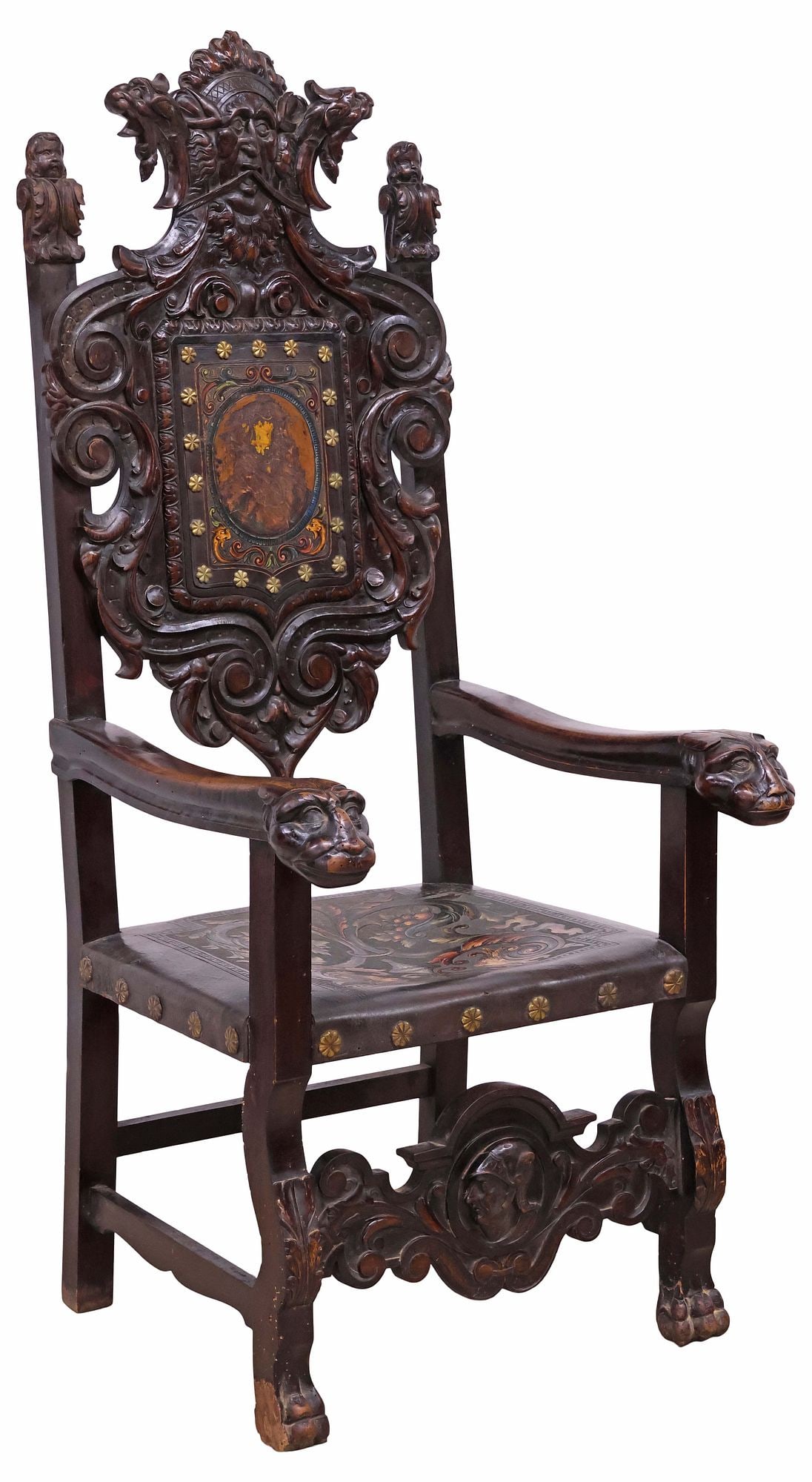 EXCEPTIONAL SPANISH BAROQUE STYLE CARVED THRONE ARMCHAIR, 61"H (1 of 7)