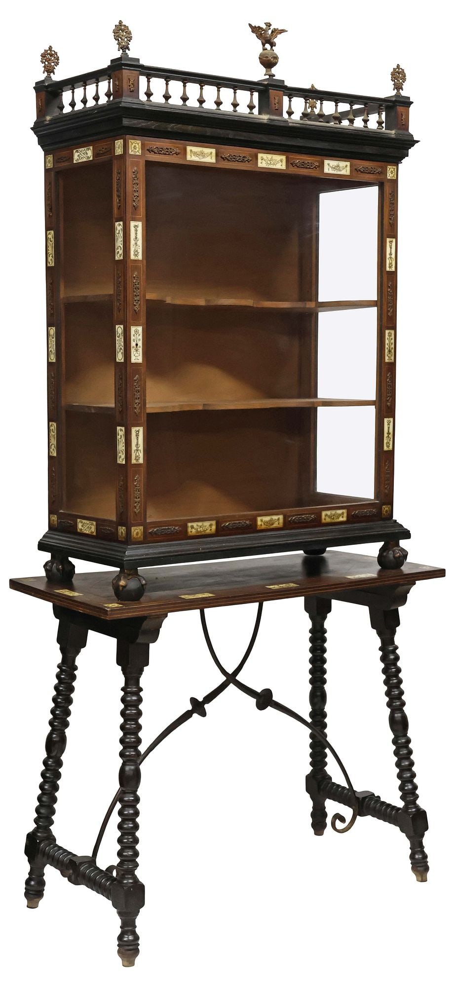 SPANISH BAROQUE STYLE BONE-INLAID WALNUT VITRINE CABINET ON STAND (1 of 6)