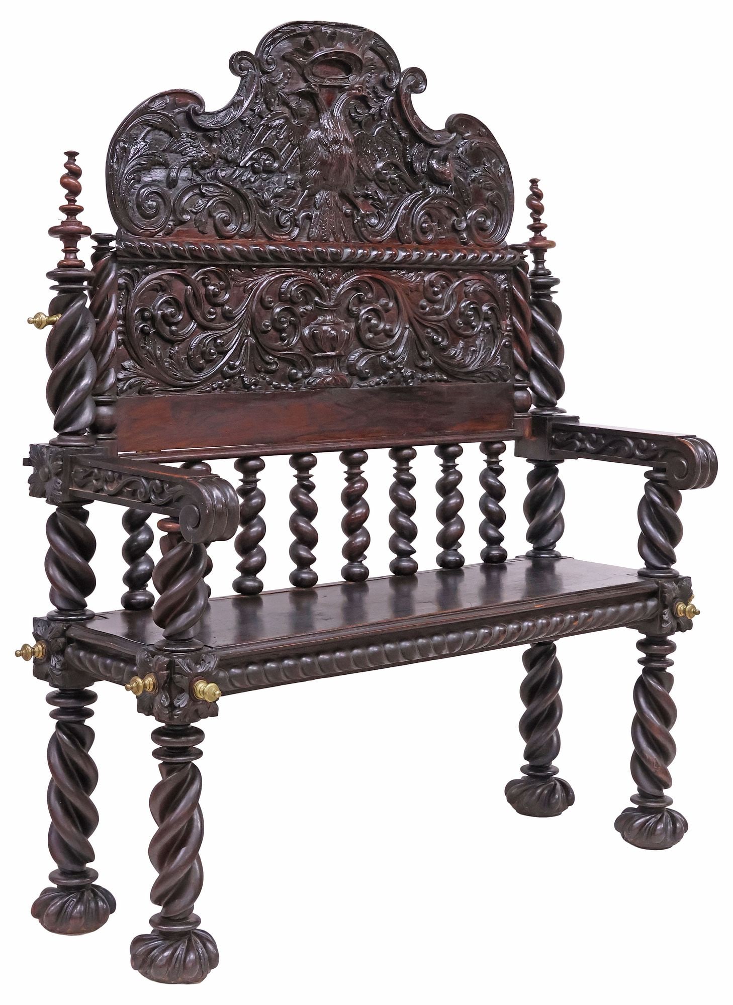 SPANISH BAROQUE STYLE CARVED WALNUT SPIRAL TWIST HALL BENCH, 62"H (1 of 5)