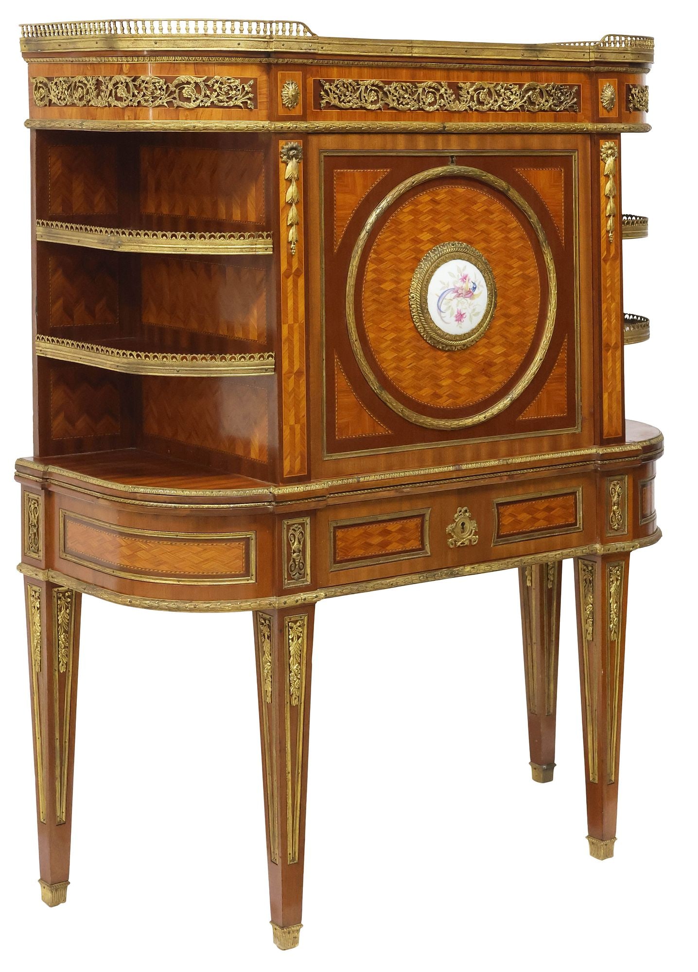 EXCEPTIONAL FRENCH LOUIS XVI STYLE PORCELAIN-MOUNTED INLAID WRITING DESK / CABINET (1 of 8)