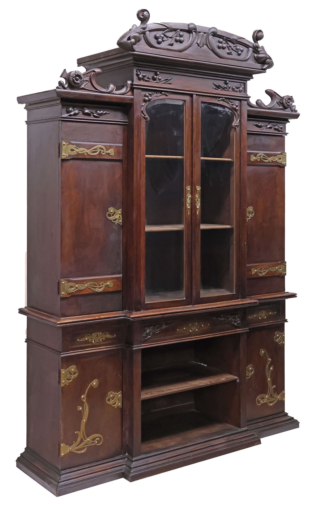 SPANISH MODERNISME / ART NOUVEAU BRASS-MOUNTED WALNUT BOOKCASE, 104"H (1 of 5)