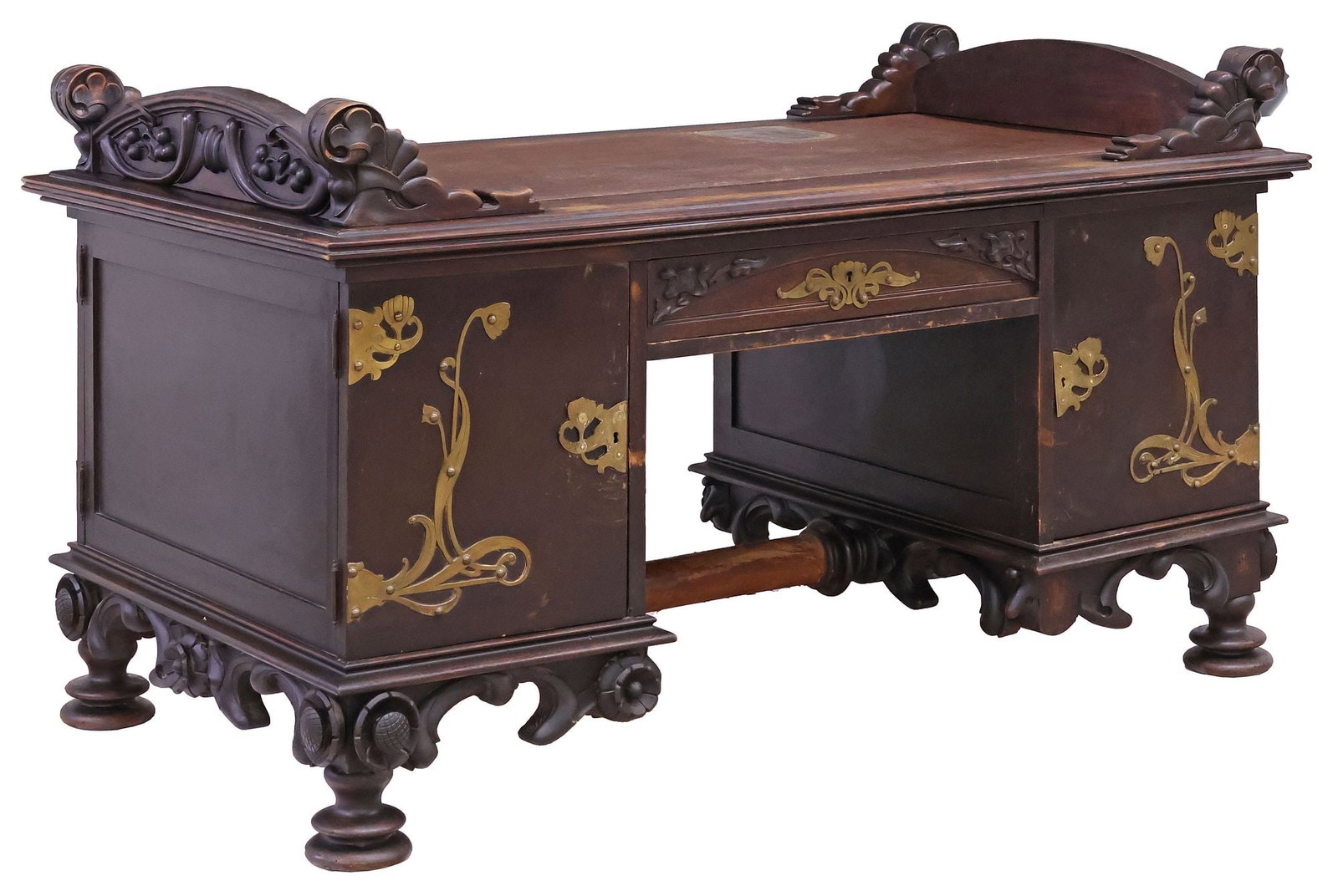 SPANISH MODERNISME / ART NOUVEAU LEATHER-TOP CARVED WALNUT PARTNER'S DESK (1 of 6)