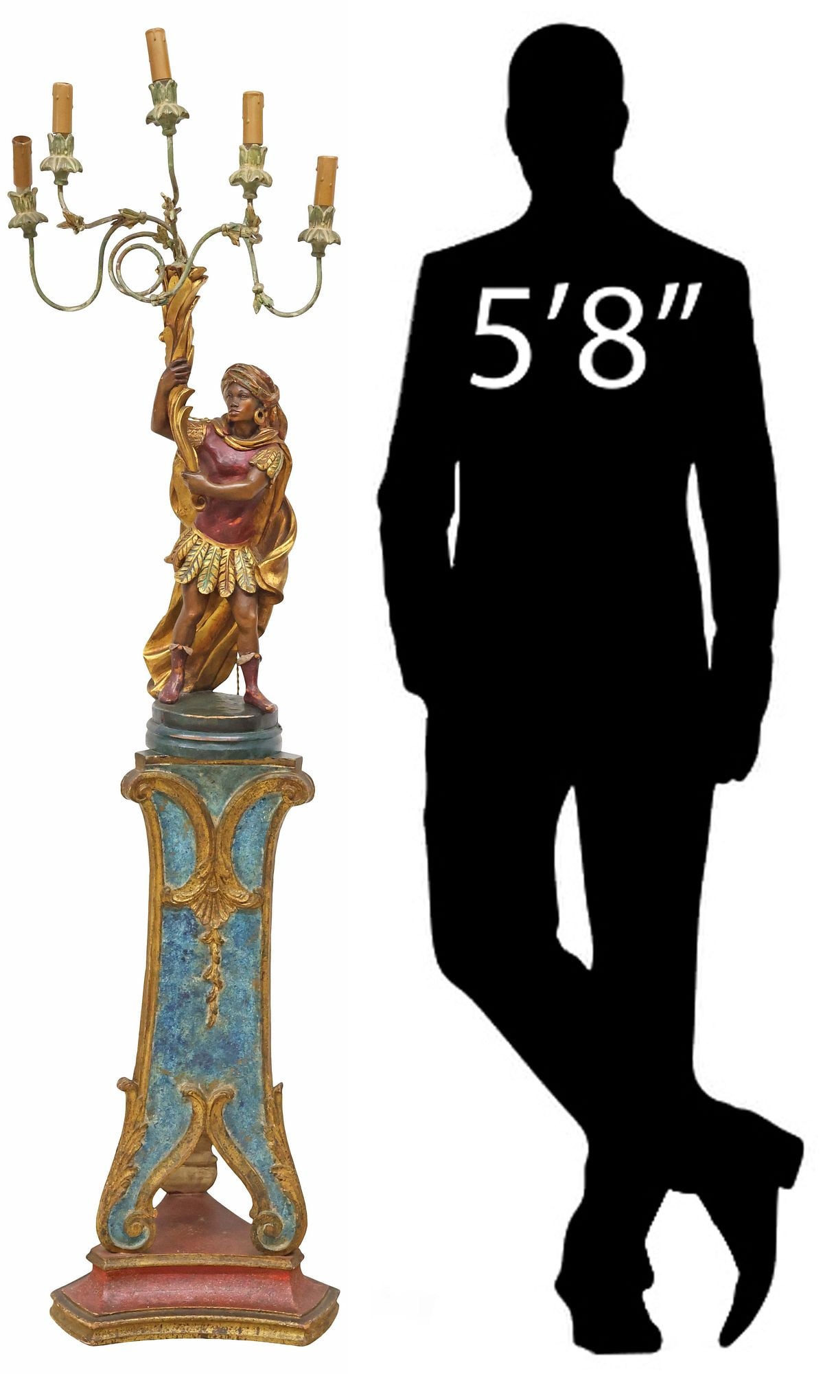 VENETIAN CARVED & PAINTED PARCEL-GILTWOOD 5-LIGHT TORCHIERE: Italian Venetian parcel-gilt and polychrome-painted figural torchiere, 20th c., modeled as a Moorish female figure with feathered garments hoisting a five-light candelabra, with faux candle terminals,