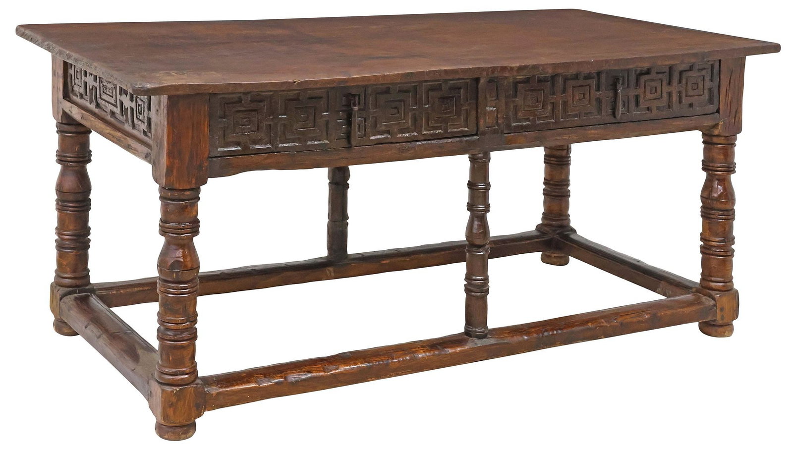 SPANISH BAROQUE CARVED OAK LIBRARY TABLE WITH SINGLE-BOARD TOP (1 of 5)