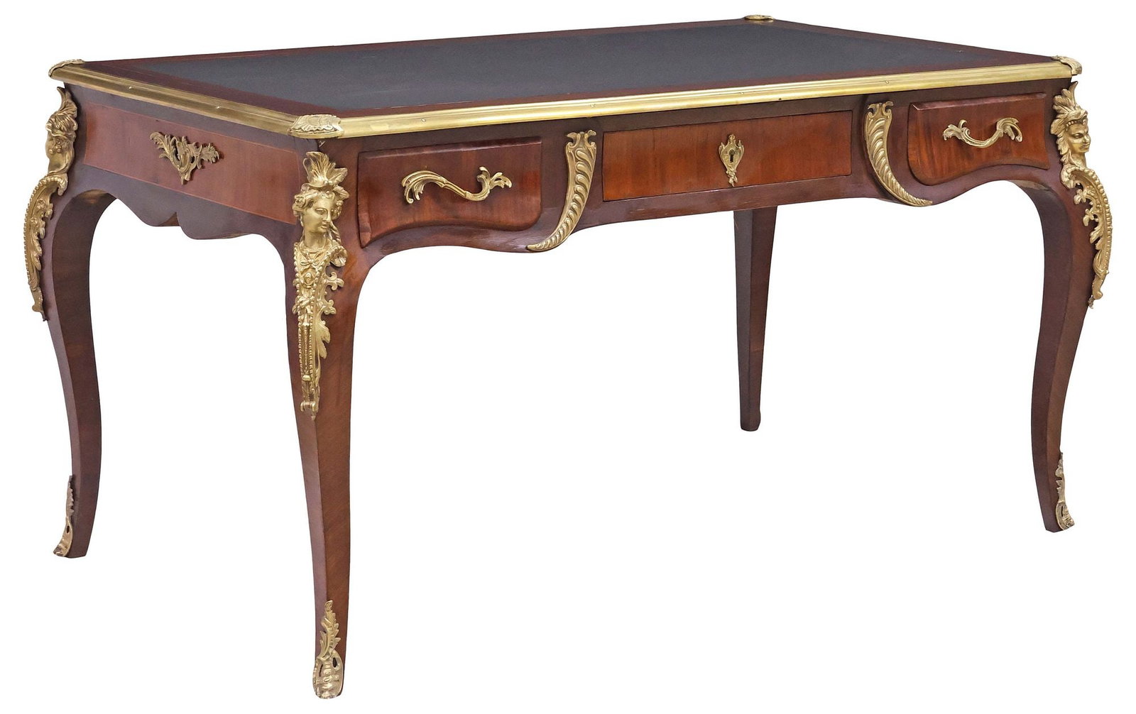 FRENCH LOUIS XV STYLE LEATHER-TOP WRITING DESK / BUREAU PLAT: French Louis XV style mahogany writing desk/ bureau plat, early 20th c., finished on all sides, having rectangular top with inset leather surface, above three drawers, rising on cabriole legs with fig