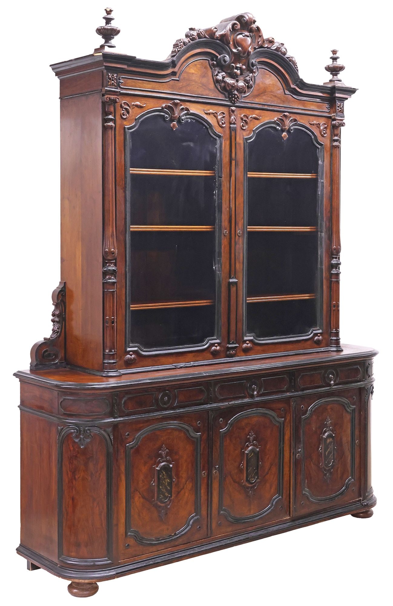 SPANISH ALFONSINO PARCEL-EBONIZED & CARVED WALNUT SIDEBOARD, 109"H (1 of 6)