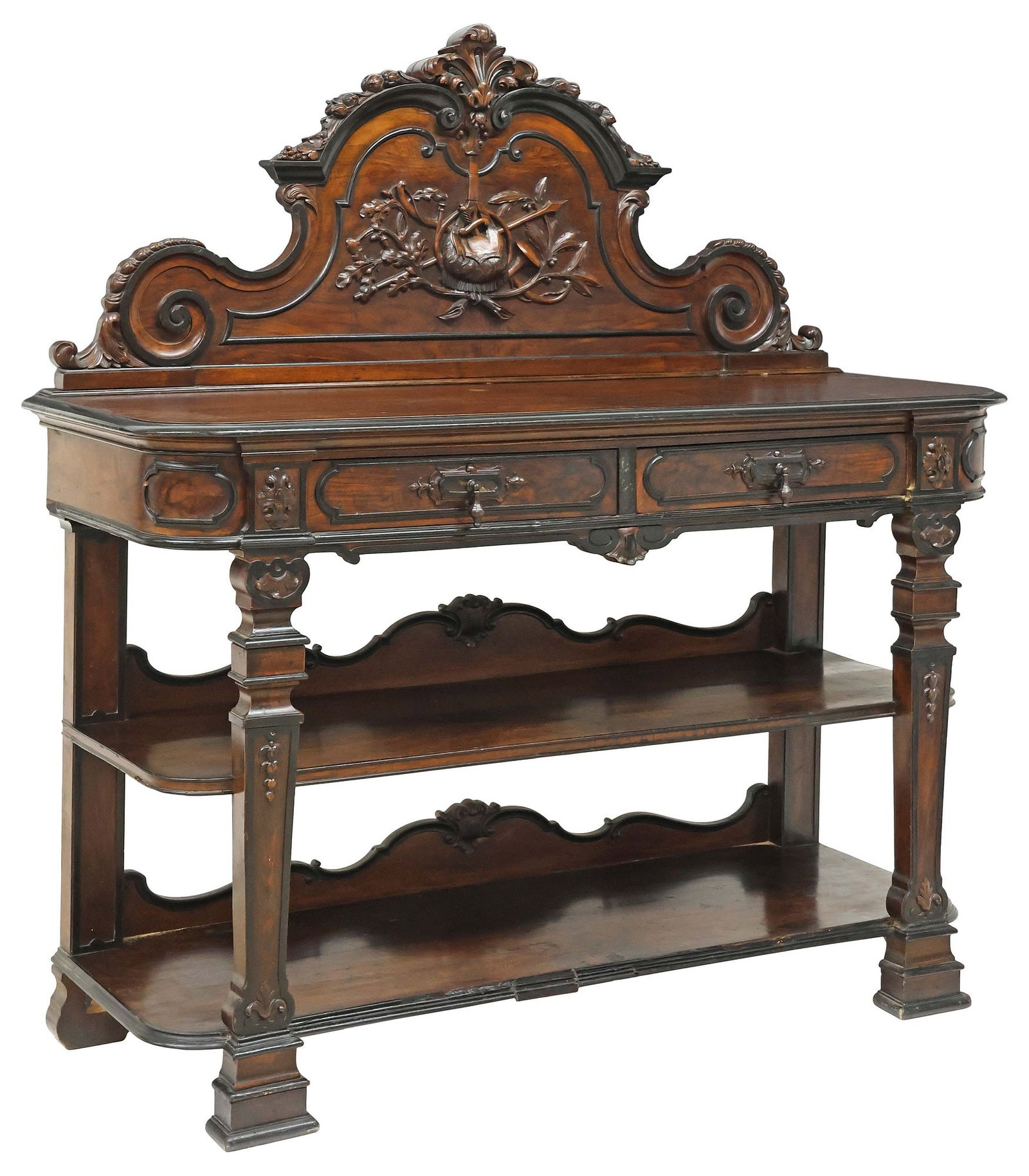 SPANISH ALFONSINO CARVED WALNUT MARBLE-TOP TIERED BUFFET: Spanish Alfonsino carved walnut buffet, late 19th c., carved scrollwork crest with central hunting motif, hinged rectangular top revealing inset marble surface, over two drawers and two medial shelves