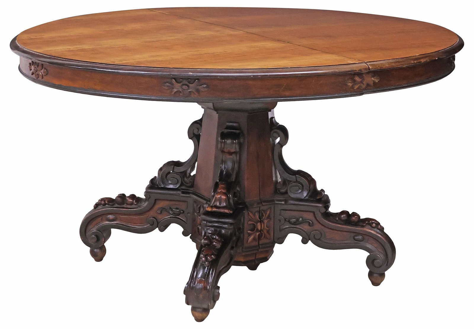 SPANISH ALFONSINO CARVED WALNUT EXTENSION PEDESTAL DINING TABLE (1 of 6)