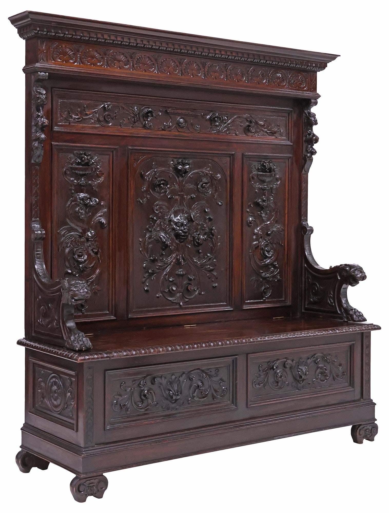 ITALIAN RENAISSANCE REVIVAL CARVED WALNUT HALL BENCH (1 of 8)