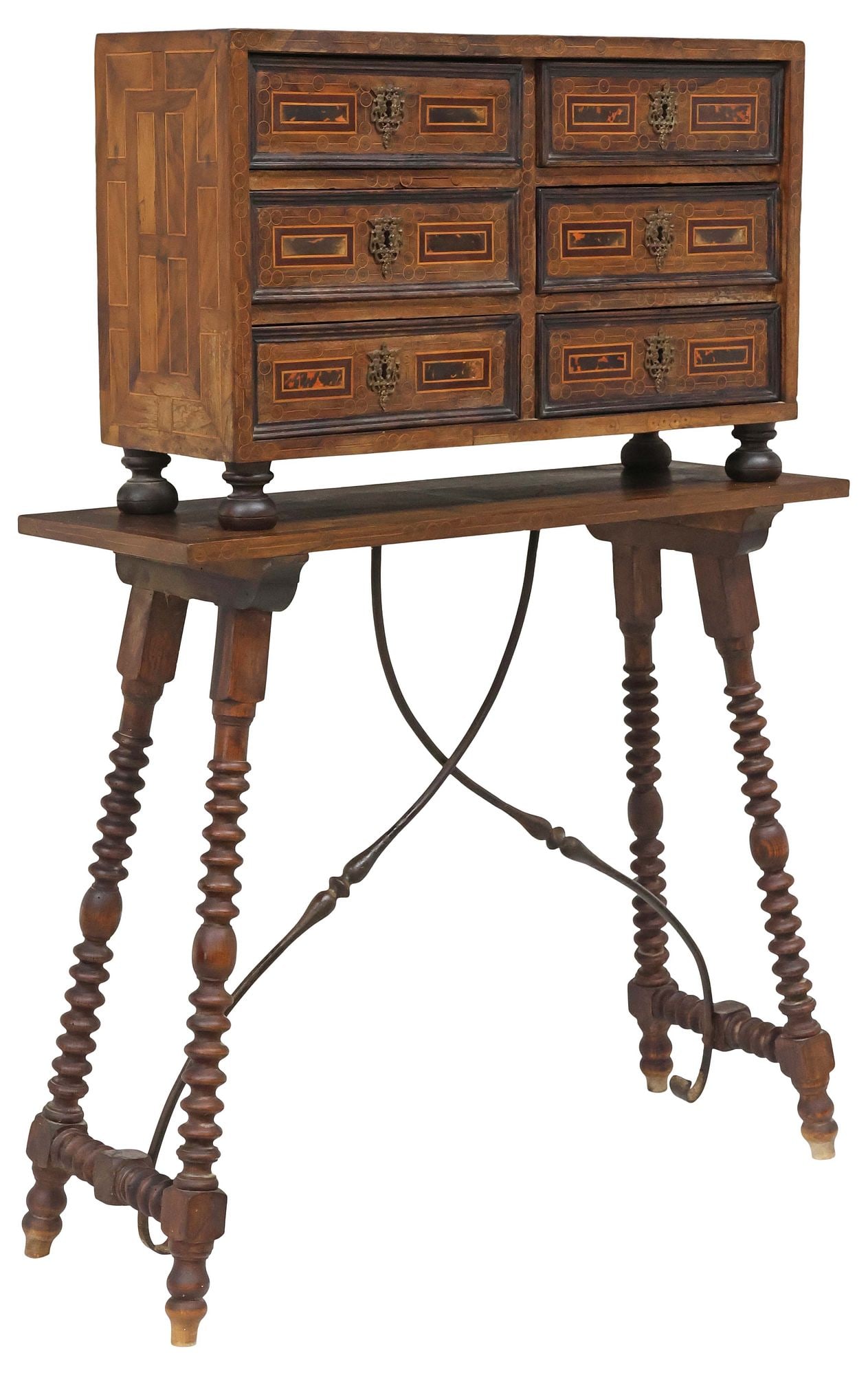 SPANISH PARQUETRY INLAID PAPELERIA CABINET ON STAND: Spanish parquetry papeleria cabinet on stand, early 19th c., the rectangular case with geometric and stringwork, fitted with six drawers, on bulbous legs, conforming stand with matched inlay, rising o