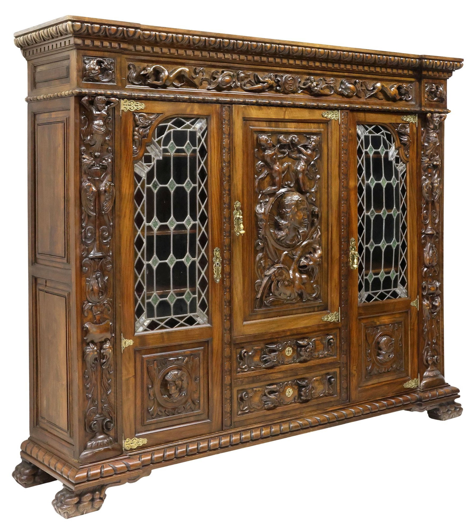SPANISH RENAISSANCE REVIVAL CARVED WALNUT & STAINED GLASS BOOKCASE (1 of 7)