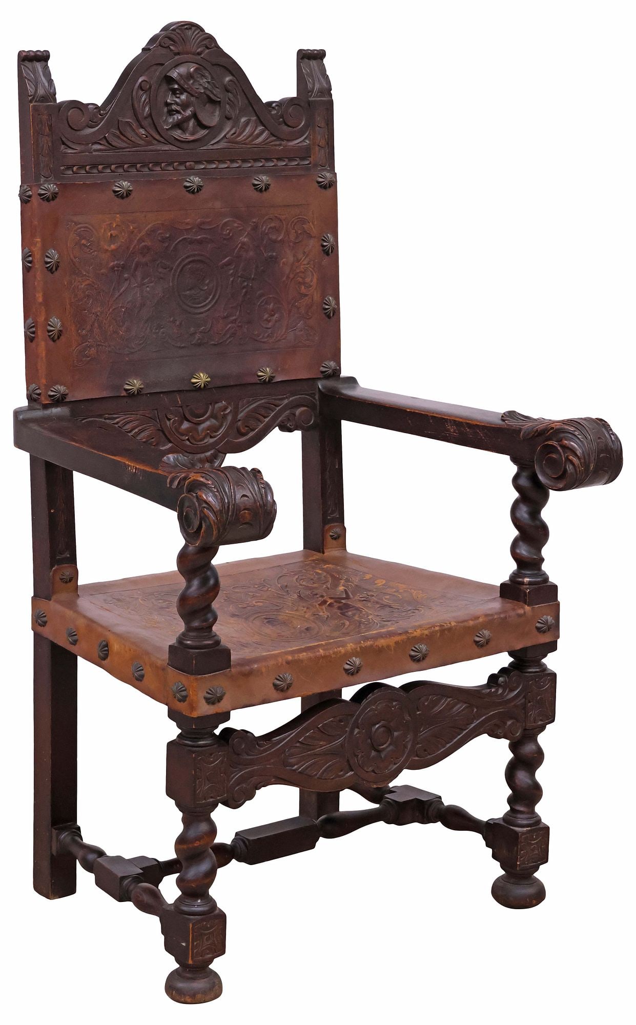 SPANISH RENAISSANCE REVIVAL LEATHER & WALNUT ARMCHAIR (1 of 5)