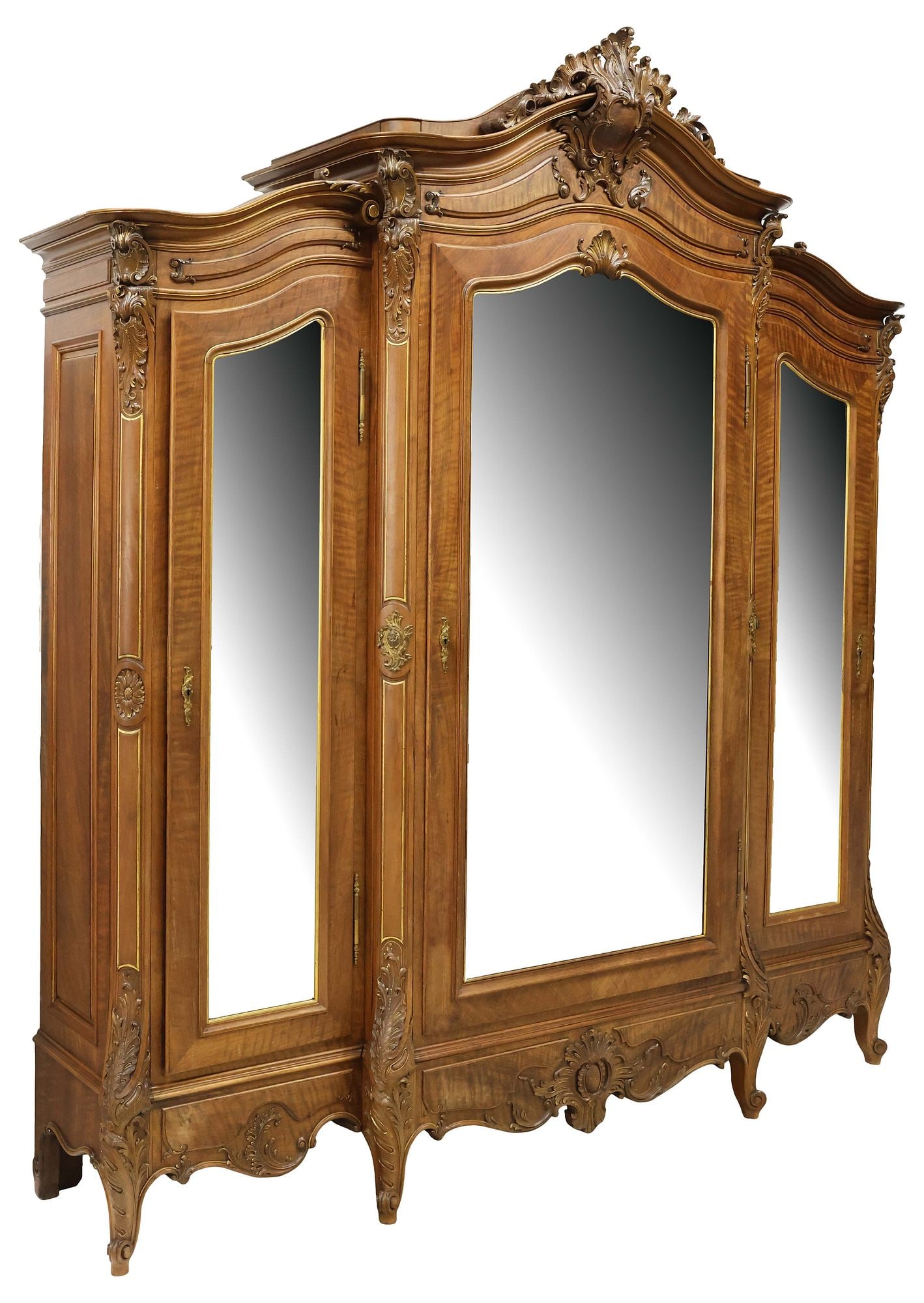 FINE FRENCH LOUIS XV STYLE PARCEL-GILT WALNUT MIRRORED ARMOIRE, 99"H (1 of 9)