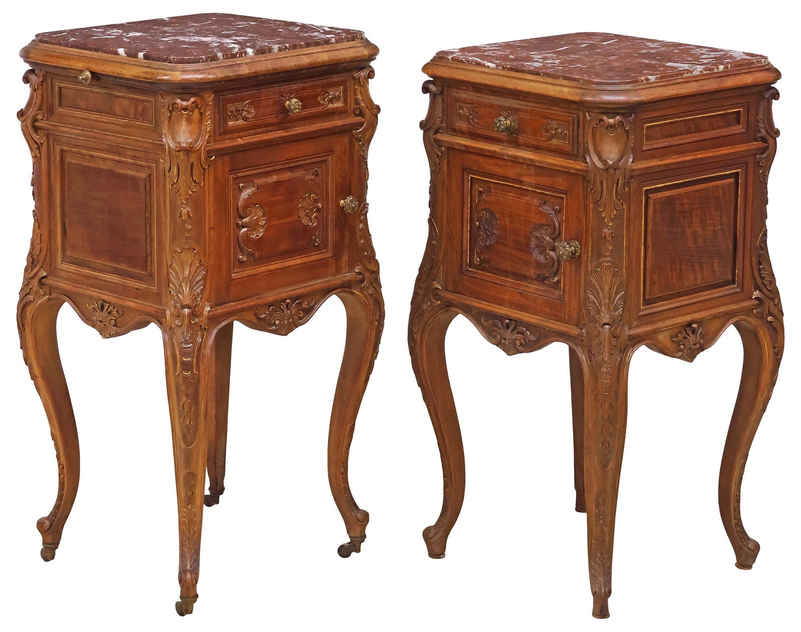 (2) FRENCH LOUIS XV STYLE MARBLE-TOP CARVED WALNUT NIGHTSTANDS (1 of 6)