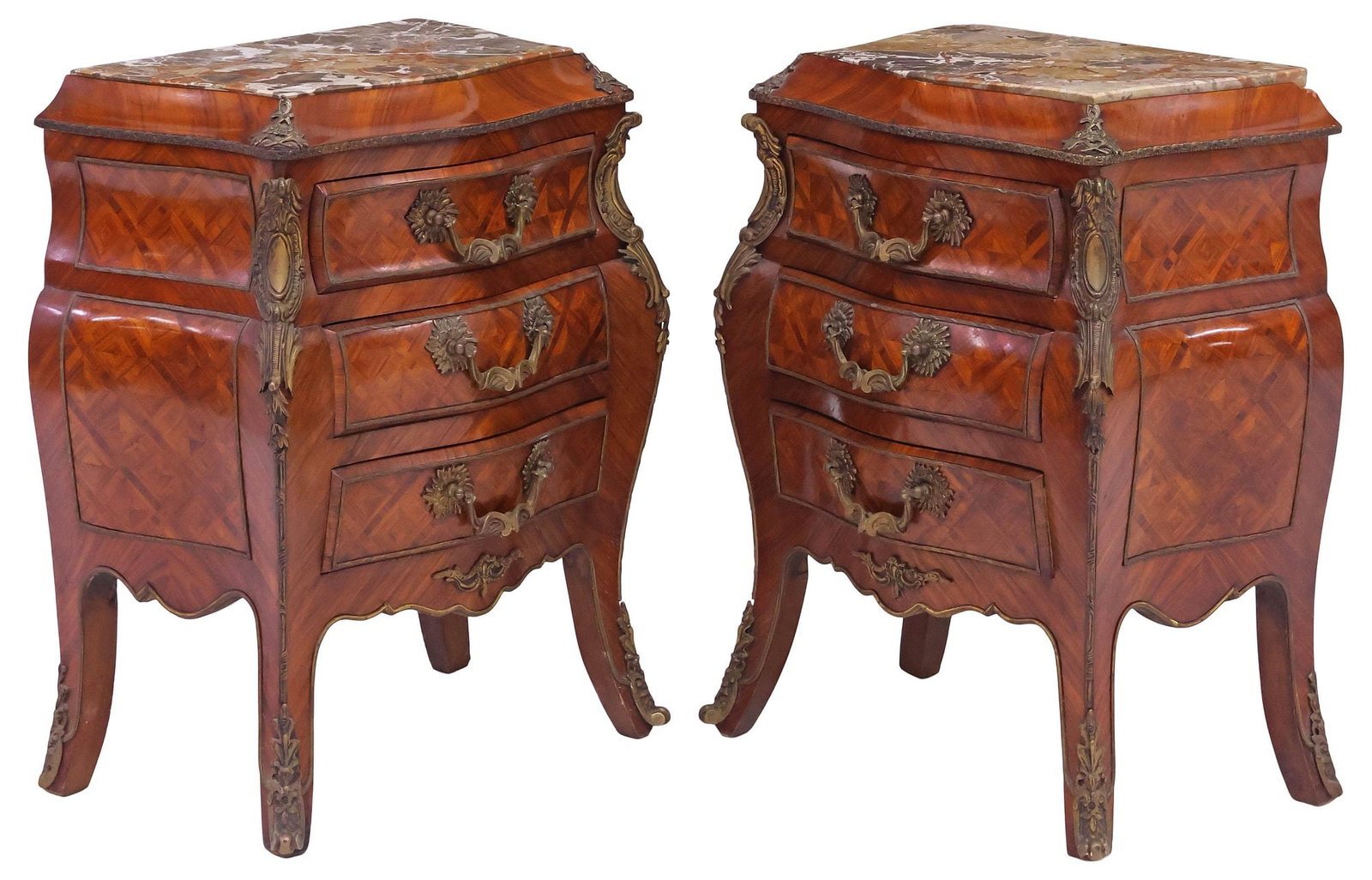 (2) LOUIS XV STYLE MARBLE-TOP INLAID BOMBE NIGHTSTANDS (1 of 5)