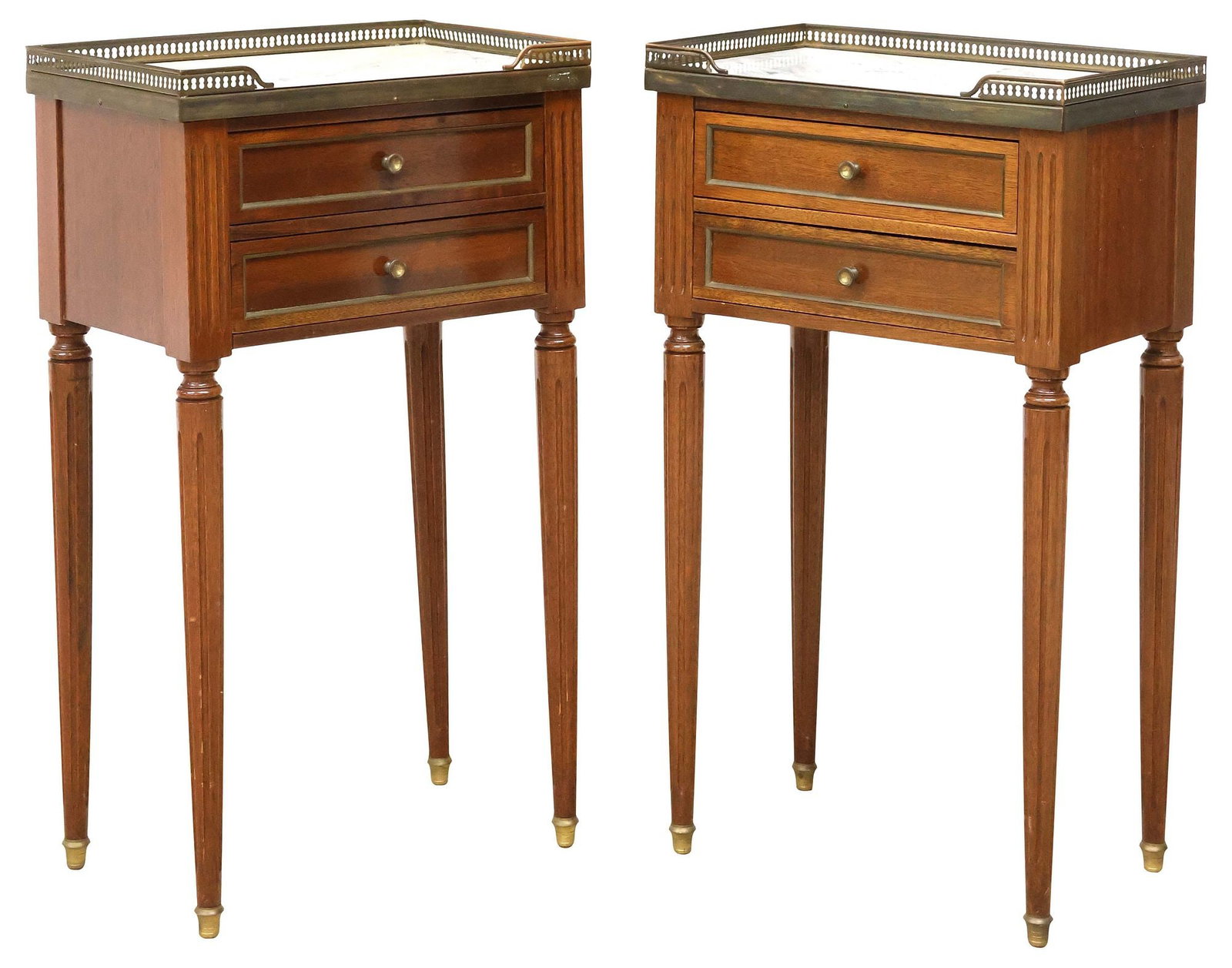 (2) FRENCH LOUIS XVI STYLE MARBLE-TOP MAHOGANY NIGHTSTANDS: (pair) French Louis XVI style mahogany nightstands, 20th c., each having inset marble top and pierced metal three-quarter gallery, above two drawers, on tapering fluted legs and brass cap feet, approx